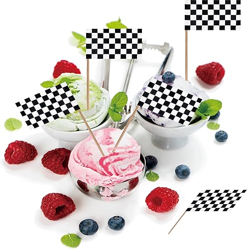 Miniatura 6 de Bandera de palillo de dientes de carreras en blanco y negro a cuadros para auto de carreras, mini cóctel, cupcakes de frutas, decoración de