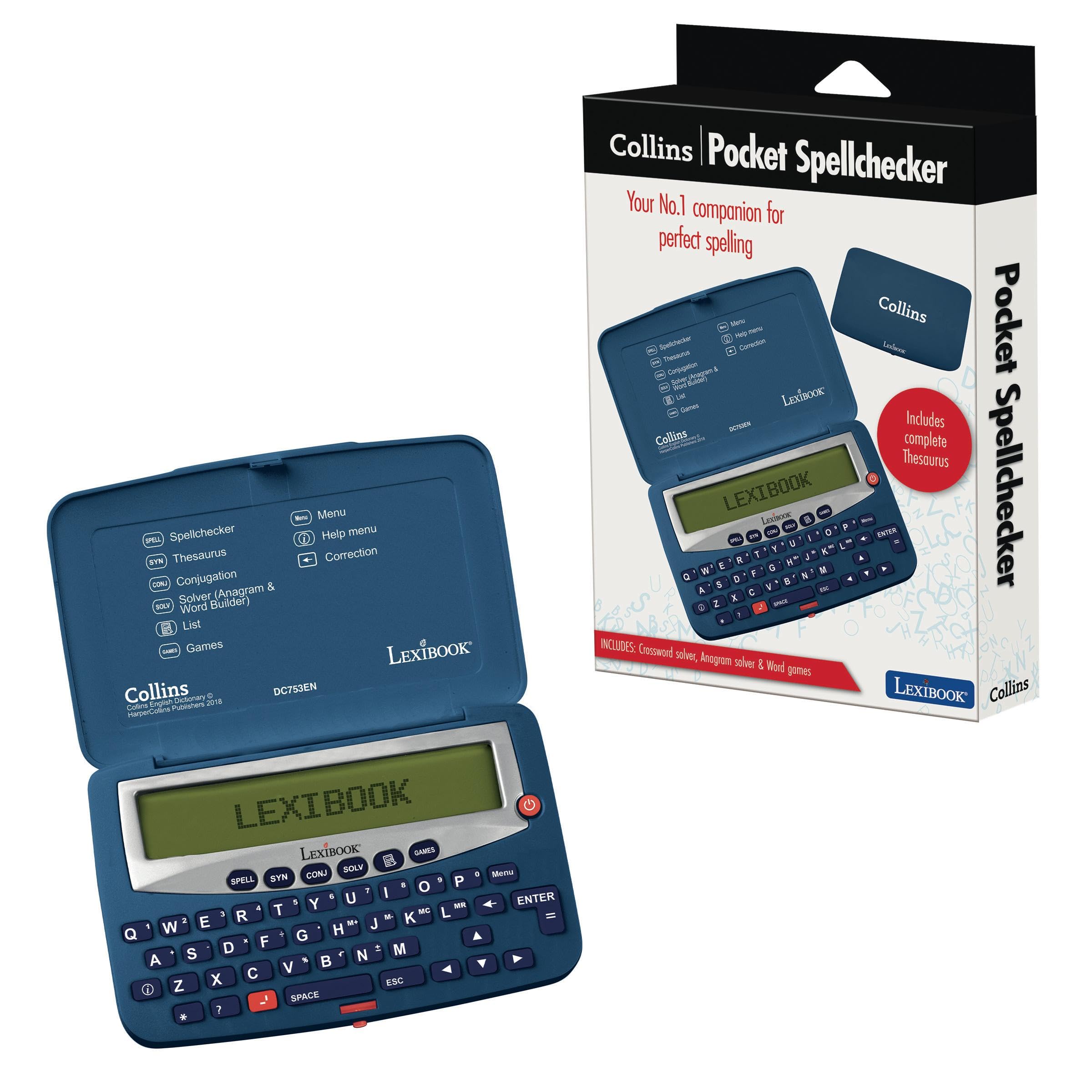 LEXIBOOK, The Collins English Dictionary, 13th Edition-Electronic Pocket Spellchecker, Thesaurus, Crossword, Conjugation, Anagram Solver, Words Games, with Battery, Blue/White, DC753ENLXB
