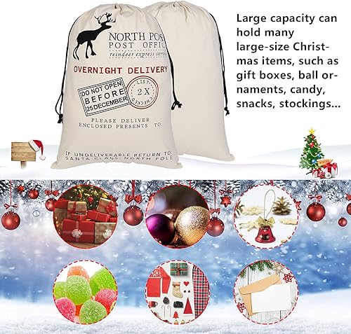 Miniatura 5 de Inspireyee Paquete de 6 bolsas de Navidad grandes de Papá Noel, lona de Navidad, de algodón, con cordones (patrón 6, 19.5 x 27.5)