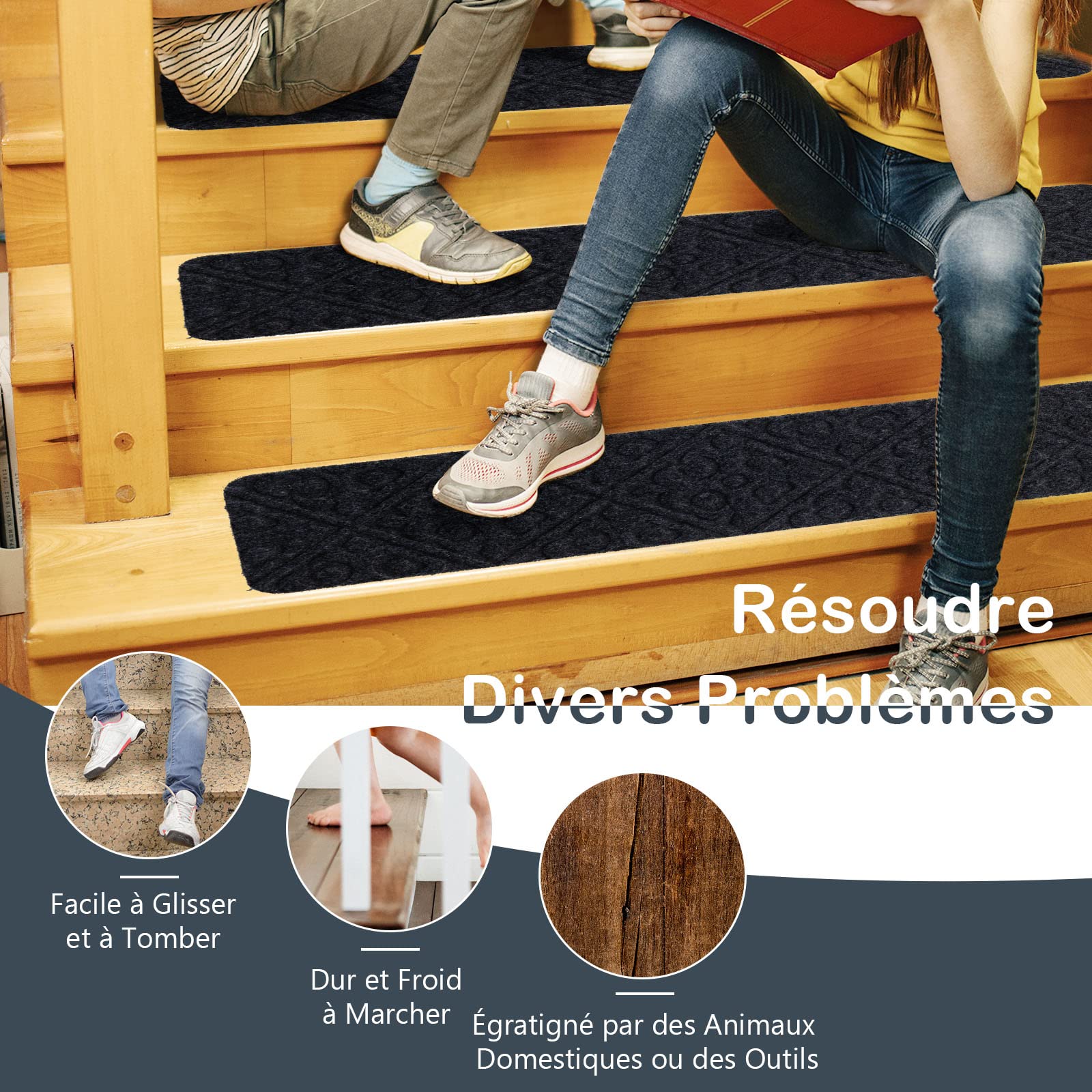 GOPLUS Lot de 15 Marchettes d’Escalier avec Surface Antidérapante, Tapis d’Escalier Antidérapant avec Design à Plusieurs Couches, Tapis de Sécurité, pour Enfants, Personnes Âgées, 76X20CM (Gris)