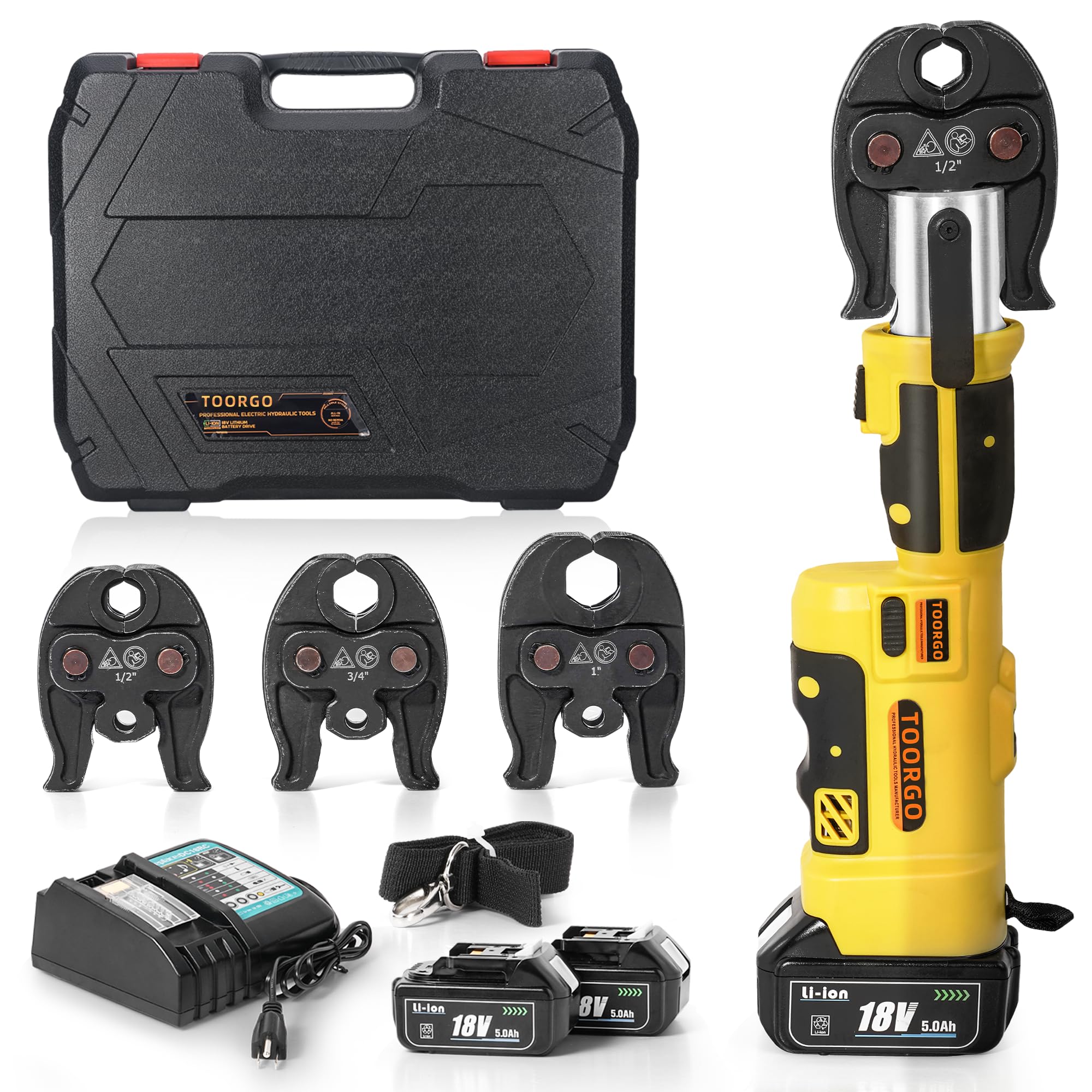 TOORGO Pro Press Tool, Electric Pipe Crimping Tool with 1/2", 3/4", 1" Pro Press Jaws,2 pcs Battery,Fast Charger & Carrying Case, Propress Tool for