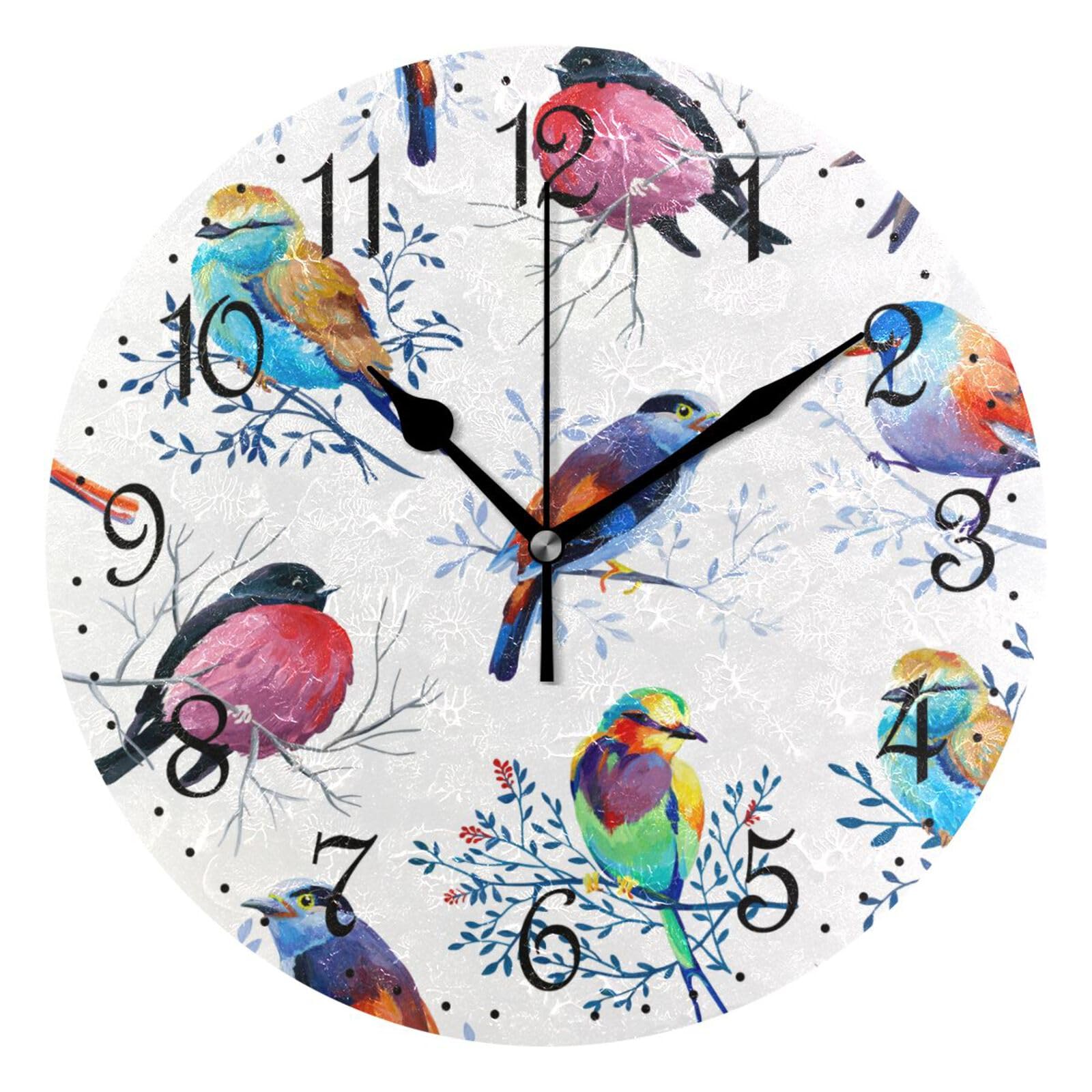 Mnsruu Wall Clock Bright Birds on Branches Silent Non-Ticking Decorative Wall Clocks Battery Operated 25x25cm for Home Living Room Kitchen Bathroom Bedroom