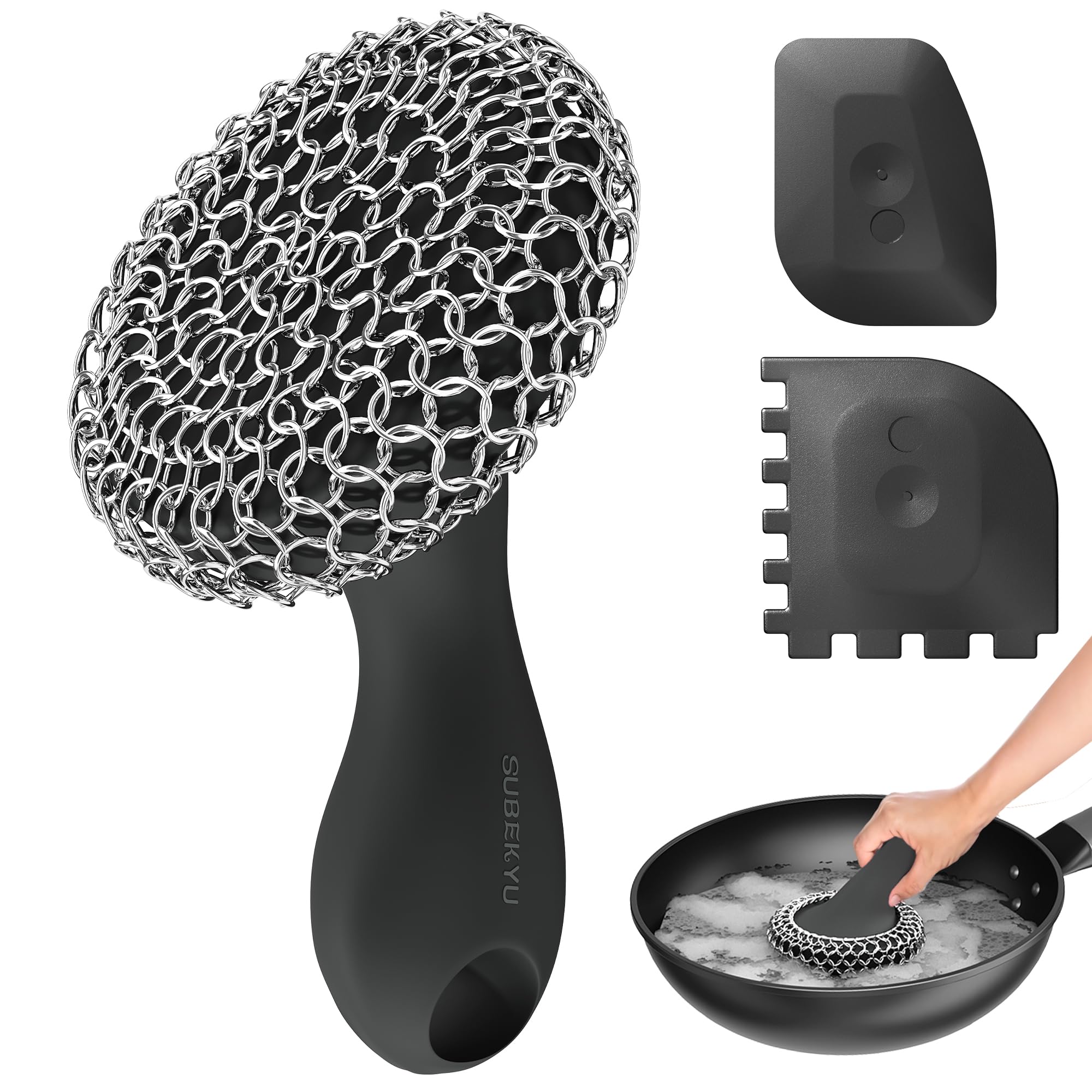 SUBEKYU Cast Iron Scrubber with Silicone Handle, Stainless Steel Skillet Cleaner for Cast Iron Pans (Black Scrubber + Scraper)