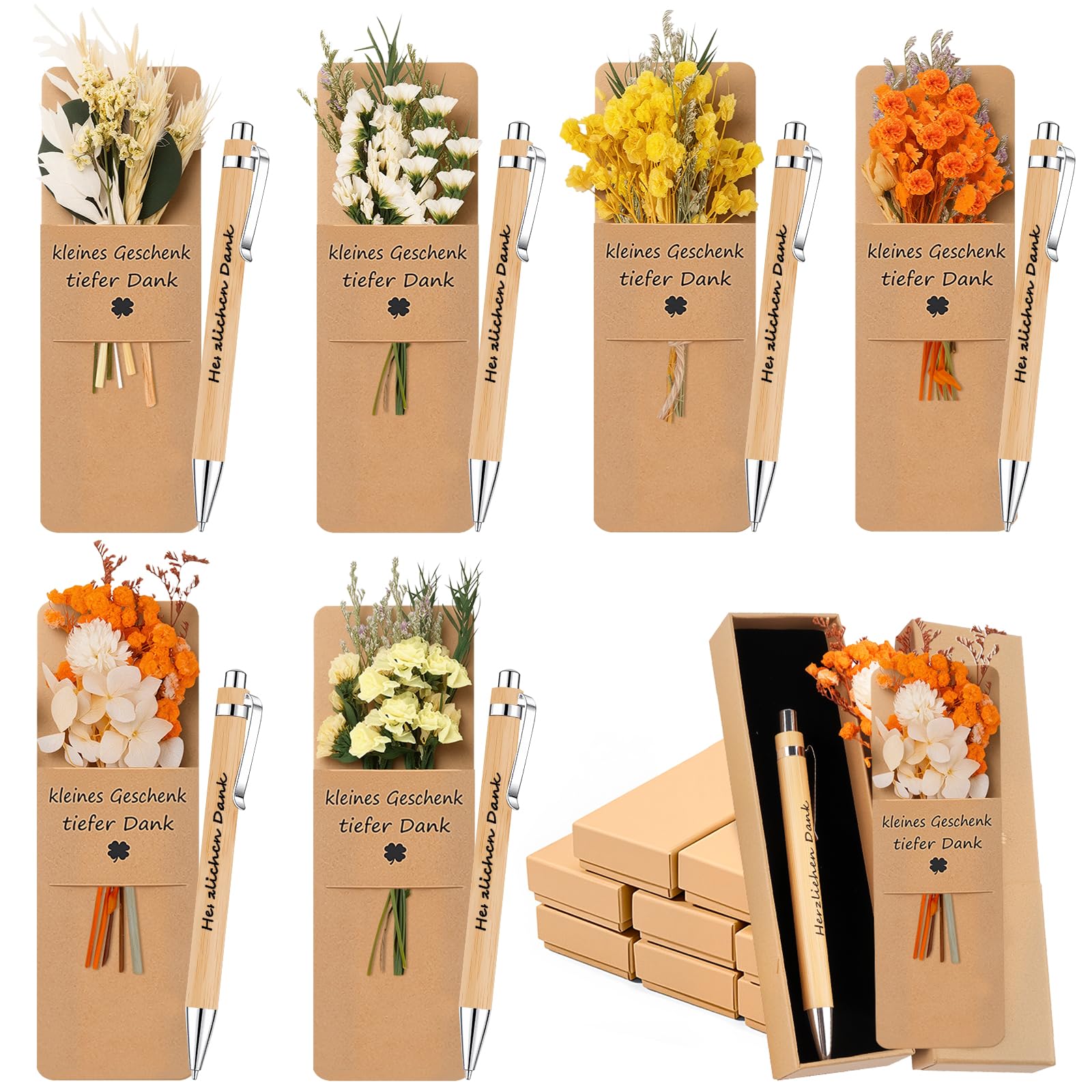 6 Sets of Thank You Gift Wooden Pens with Dried Flower Thank You Marker and Box Ballpoint Pen Gift Thank You Team Gift, Farewell, Wedding