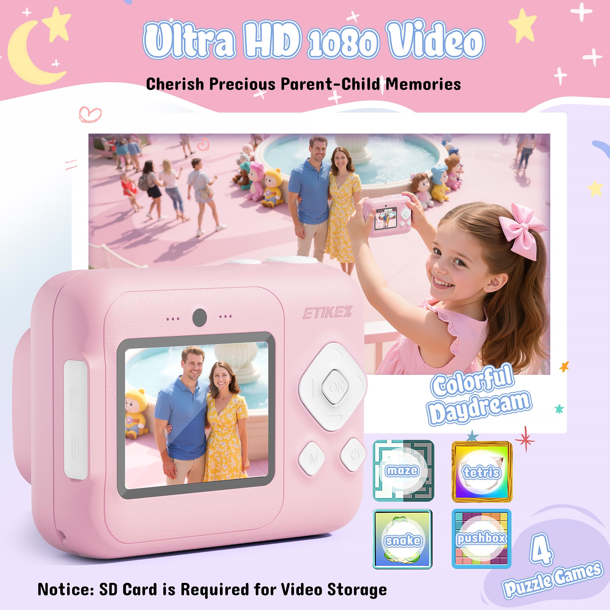 Kinderkamera Sofortbildkamera, 1080P Sofortbildkamera Kinder für 4 5 6 7 8 9 10 Jahre alte Mädchen Jungen, tragbares Spielzeug mit 1 Pack 32 GB SD-Karte und 1 Pack 3 Rollen Druckpapier, Rosa - 4