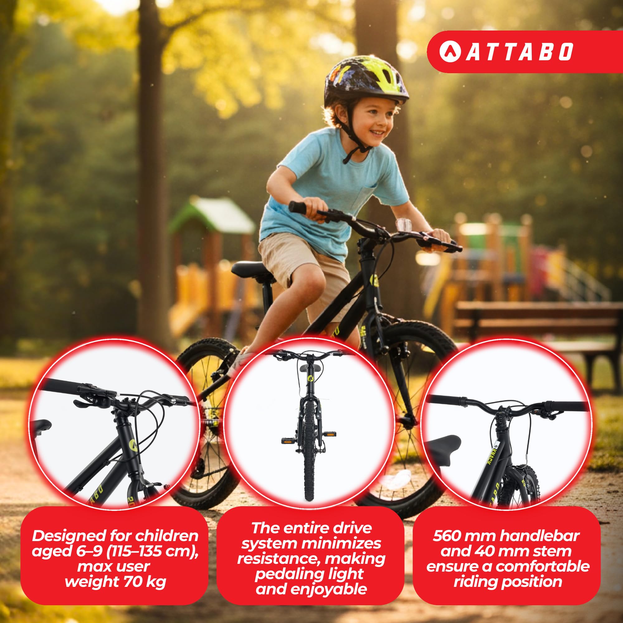 ATTABO Knack Leichtes Kinderfahrrad - 20 Zoll Fahrrad - Aluminiumrahmen & Shimano Schaltung - Schwarz - Für Schulweg und Familienausflüge
