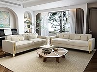 Vista 1 de Juego de 2 sofás para sala de estar, sofá de 2 plazas de 86" de terciopelo beige con 4 almohadas y patas de metal dorado, sofá tapizado moderno