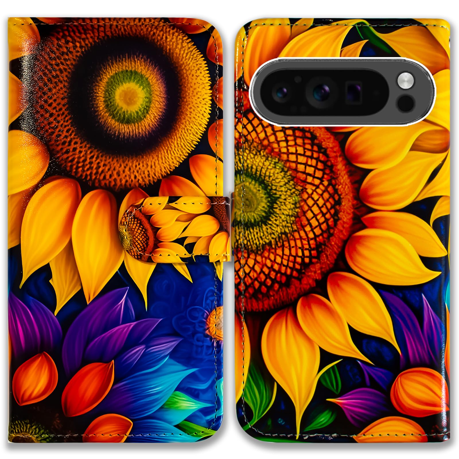 Bcov Case for Pixel 9 Pro XL,Beautiful Sunflowers Leather Flip Phone Case Wallet Cover with Card Slot Holder Kickstand Case for Google Pixel 9 Pro XL