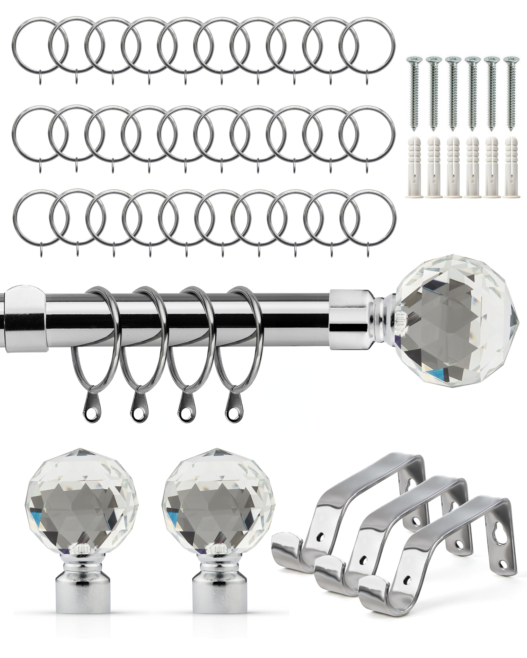 Emma Barclay  Silver Curtain Pole With Rings Extendable Crystal in Size 160-300cm, Sports Direct