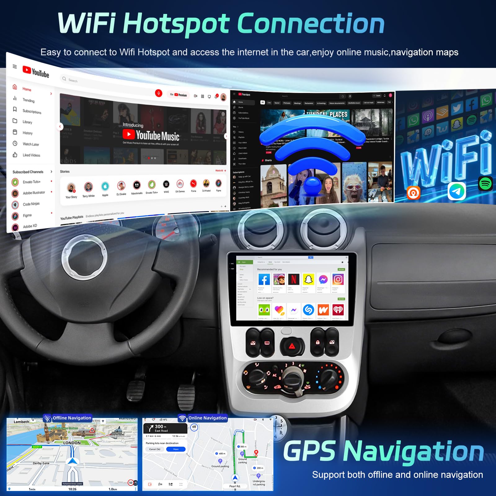 4G+64G Autoradio pour Renault Logan 1 Sandero 2009-2015/Dacia Duster 2010-2017 avec sans Fil Carplay et Android Auto, Radio à Écran Tactile 9 Pouces avec WiFi/GPS/Bluetooth 5.0/EQ/FM RDS Radio