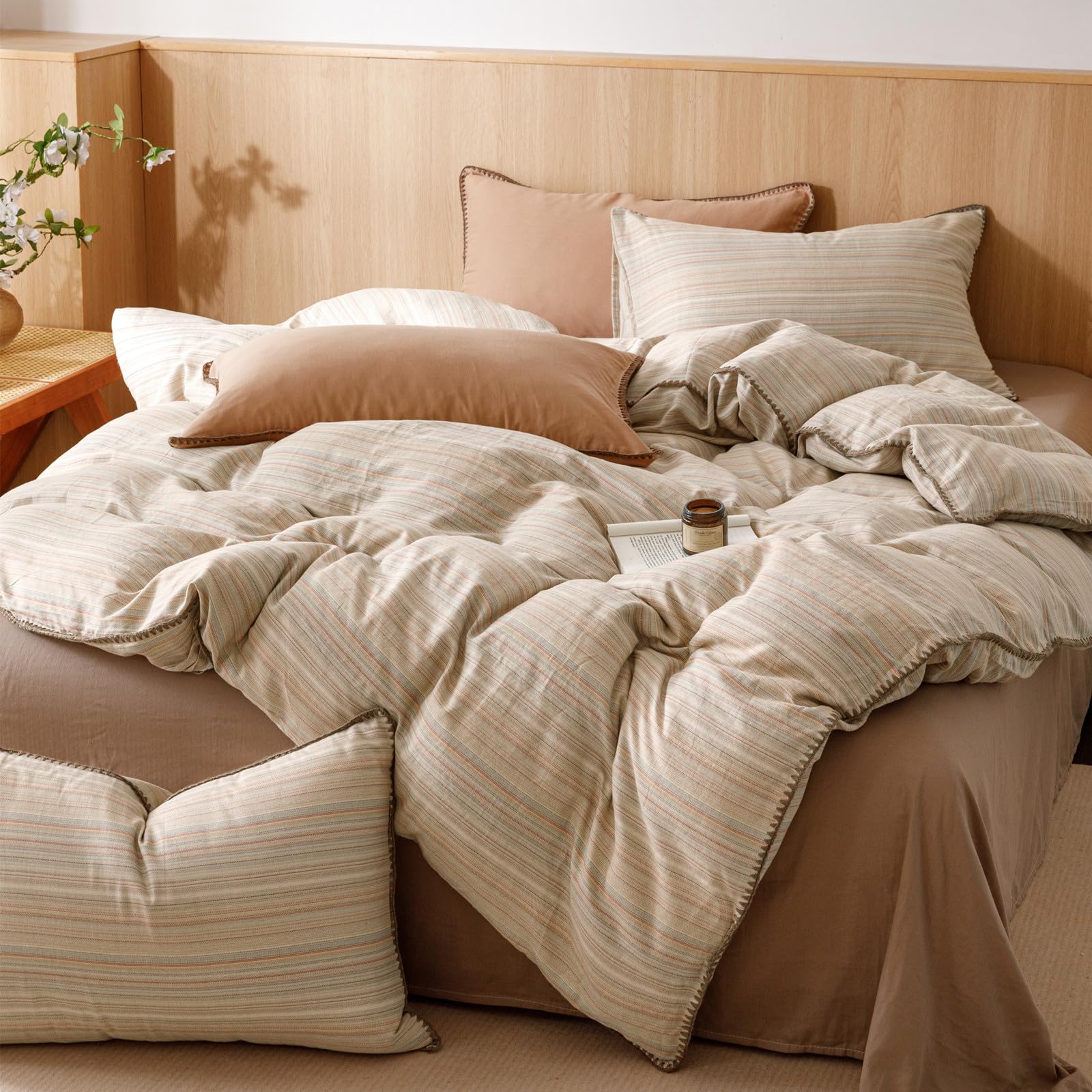 VM VOUGEMARKET Brown Tan Duvet Cover King Striped Pattern Yarn Dyed Muslin Cotton Duvet Cover with Embroidered Edge Super Soft Cozy Bedding Set for Men Women,King Size