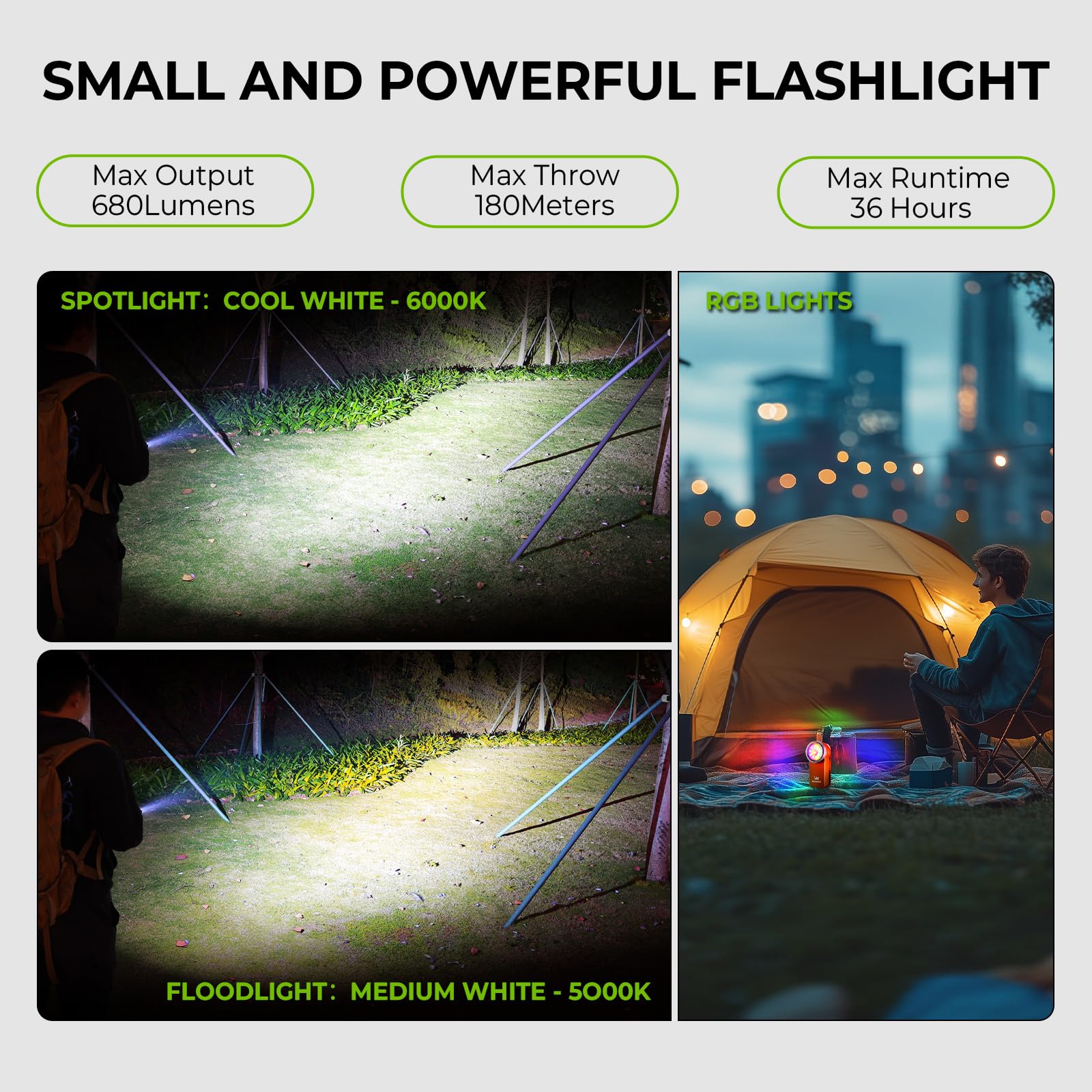 Wurkkos HD03 Mini Torcia Compatta a Clip, 680 Lumen Torcia Led Ricaricabile, 3 Modalità di illuminazione spot, flood e RGB,IPX6 Impermeabile per Campeggio Escursionismo e Alpinismo - Orange