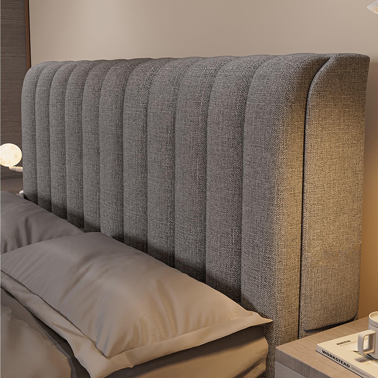 AYUOEODM Cotton Linen Headboard Cover Padded,Stretch Headboard Slipcover Universal,Thicken Quilted Dustproof Headboard Protector,For Single/double/king Size Bed Bedroom Décor(Grey,210cm)