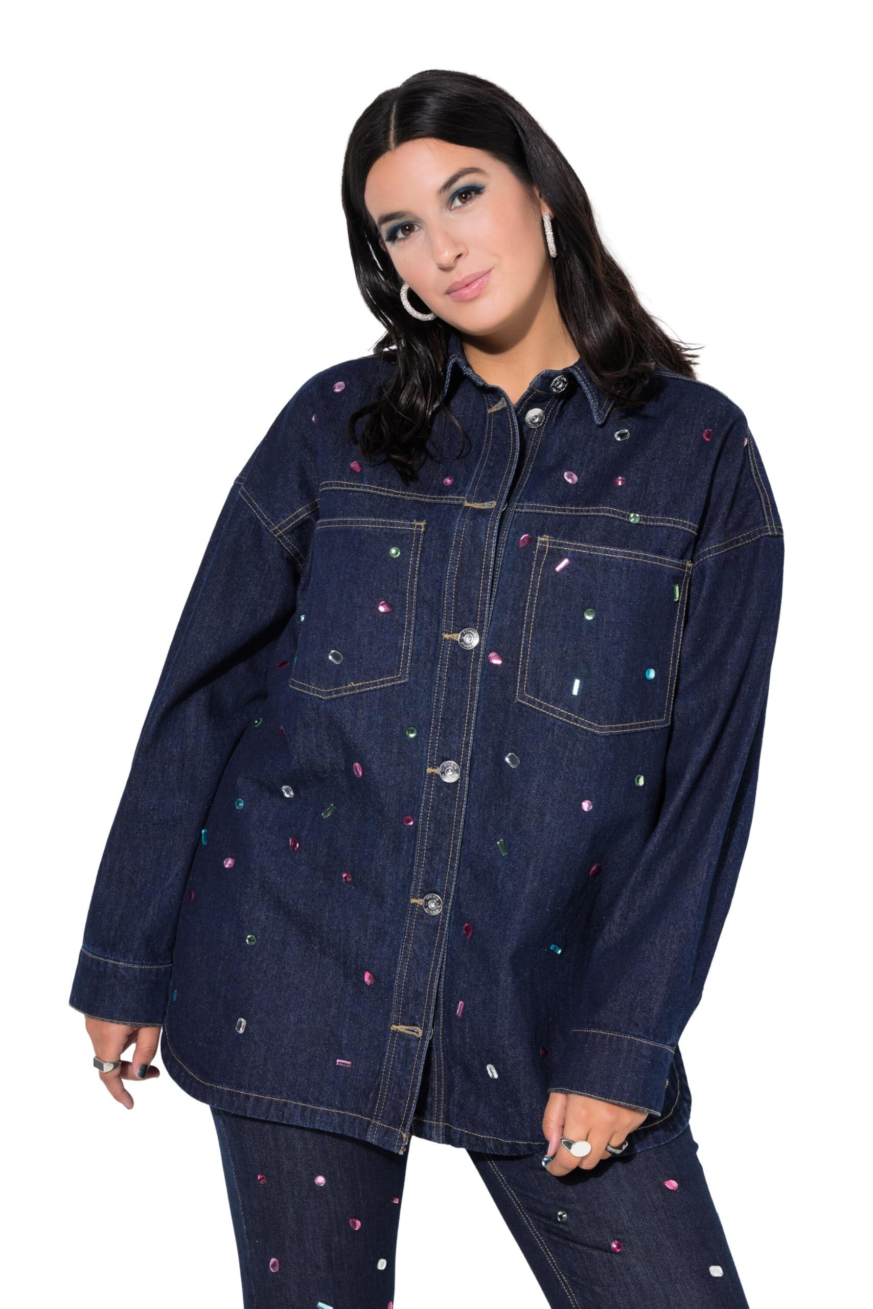 Studio Untold Damen große Größen Übergrößen Plus Size Jeanshemd, Oversize Shape, Glitzersteine 845922