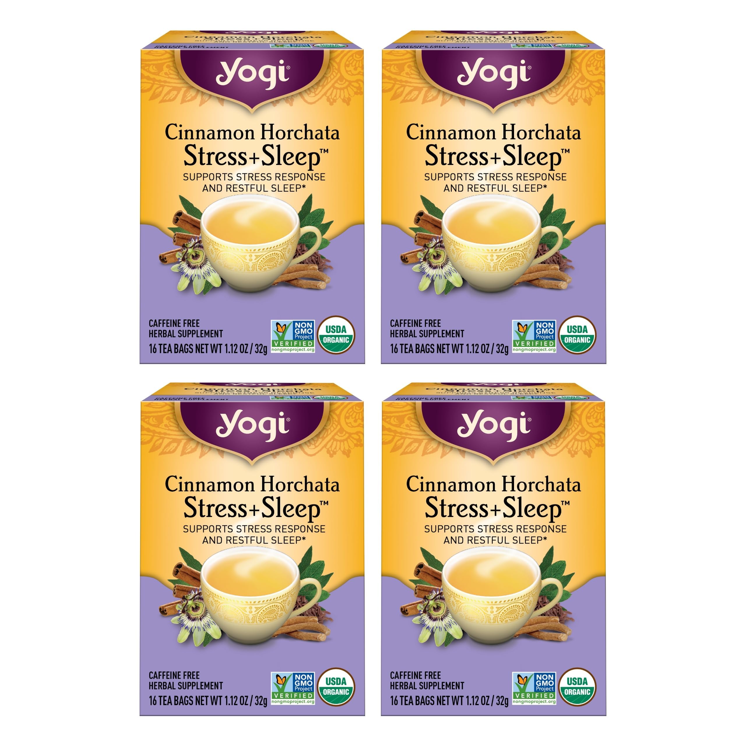 Yogi Tea Cinnamon Horchata Stress & Sleep - 16 Tea Bags per Pack (4 Packs) - Organic Sleep Tea - Supports a Restful Sleep - Includes Ashwagandha, Passionflower & Apple Cider Vinegar