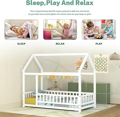 Miniatura 3 de Bellemave Cama Montessori de madera con valla y techo para niños, marco de cama individual para niños, niñas (individual, blanco)