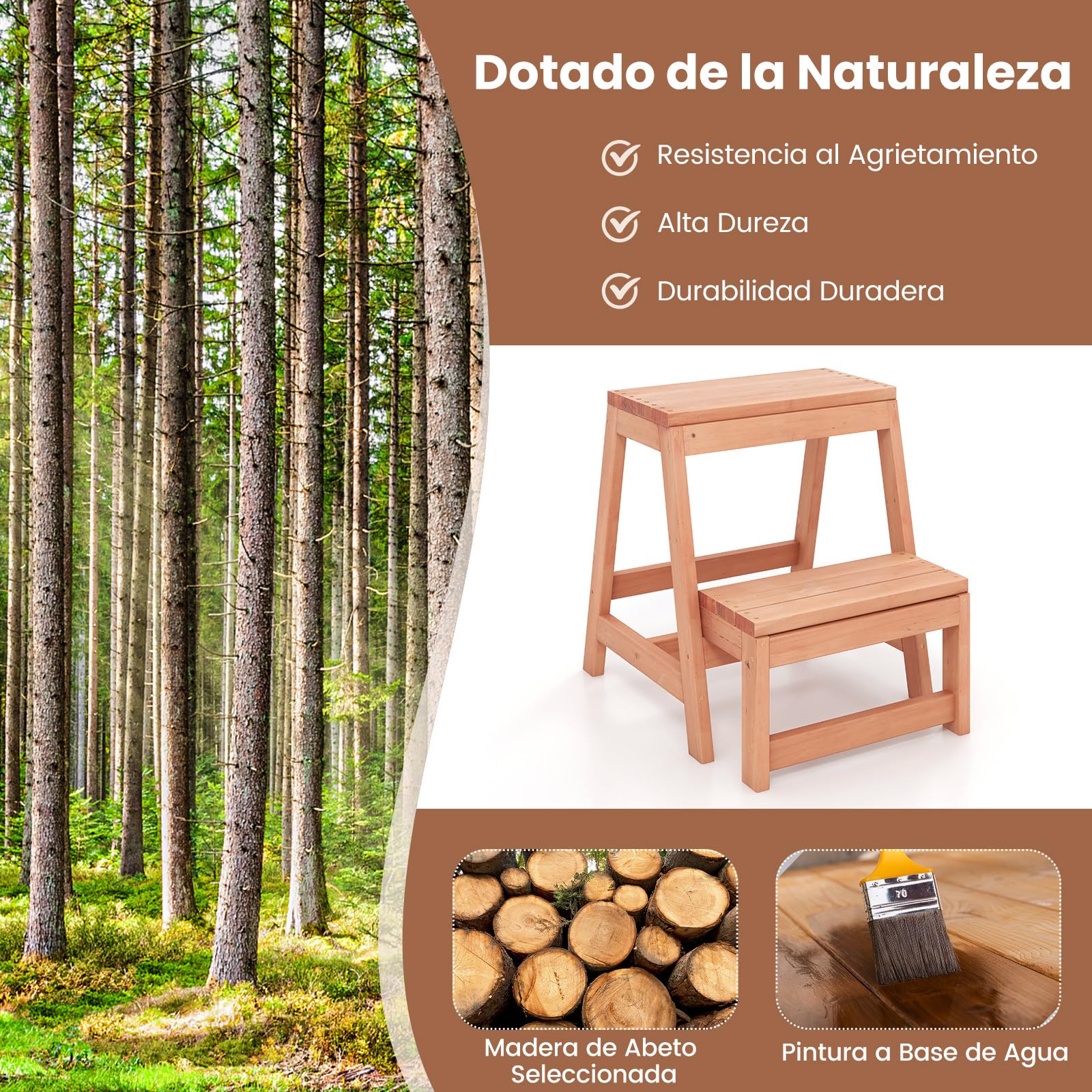 GIANTEX Taburete Escalera Plegable de Madera de Abeto, 2 Peldaños, 50 x 39 x 45 cm, Taburete Plegable Multifuncional, Carga 150 kg+100 kg, para Biblioteca, Cocina, Jardín, Almacén