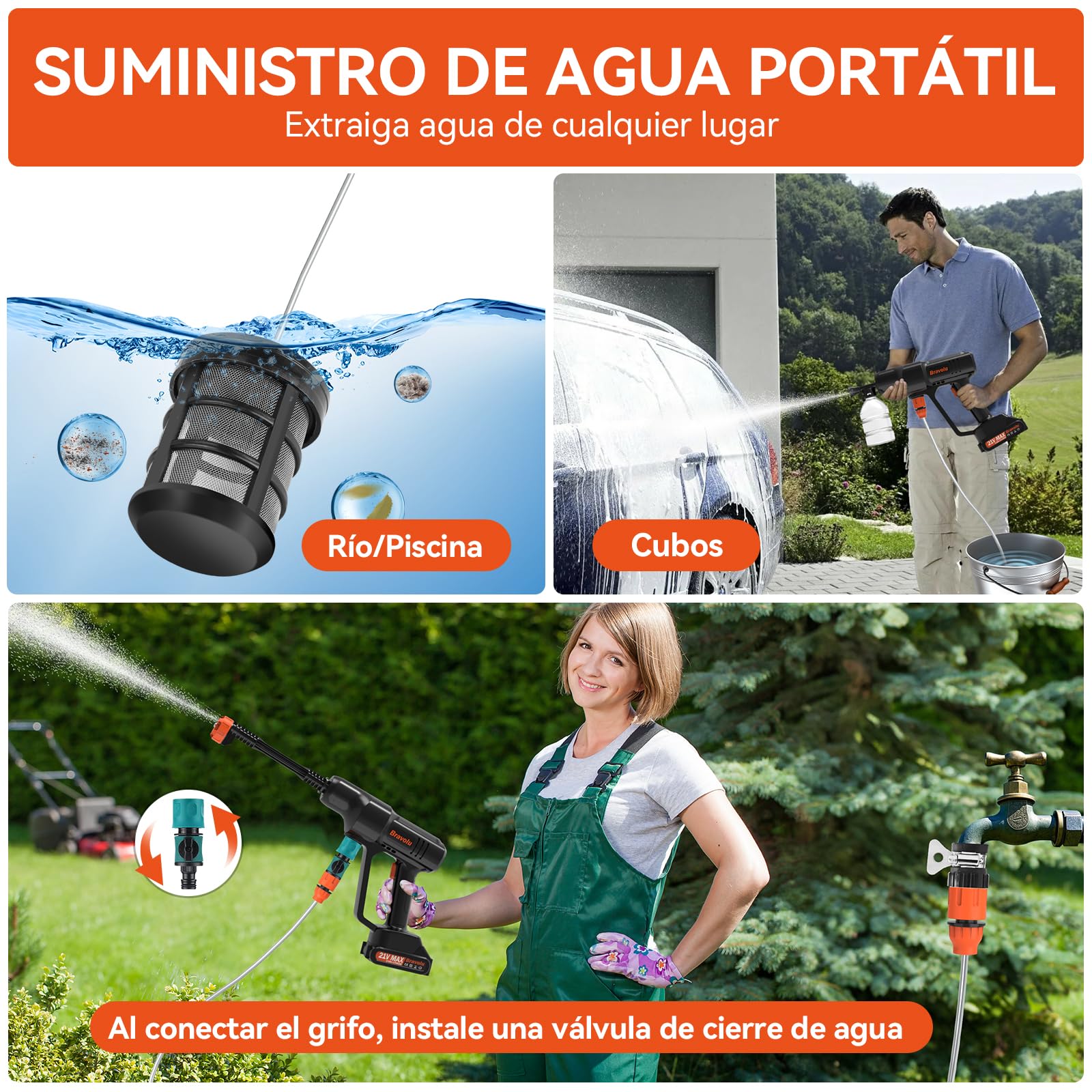 Hidrolimpiadora a Batería, Bravolu MAX 500 PSI Hidrolimpiadora de Alta Presión Portátil con Boquilla Multifunción 6 en 1 Negro