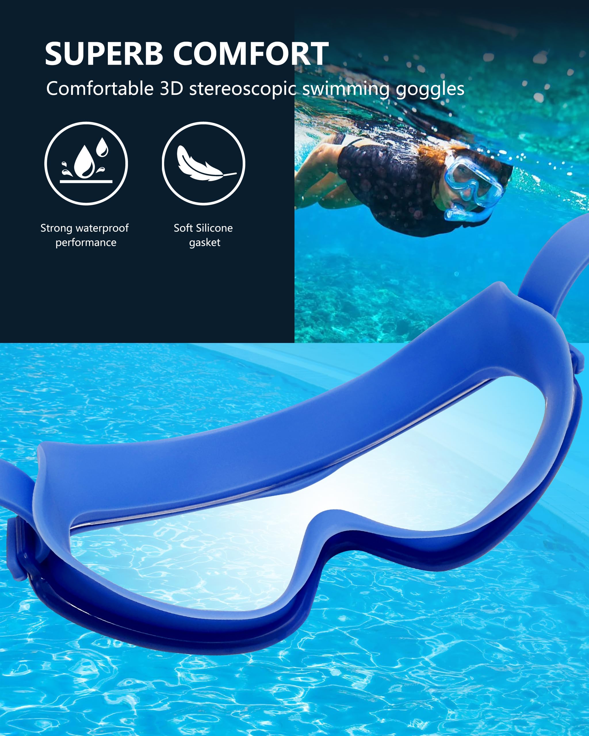 Gafas de natación con revestimiento antivaho, protección UV, paquete de 2 con tapones para los oídos, negro y azul