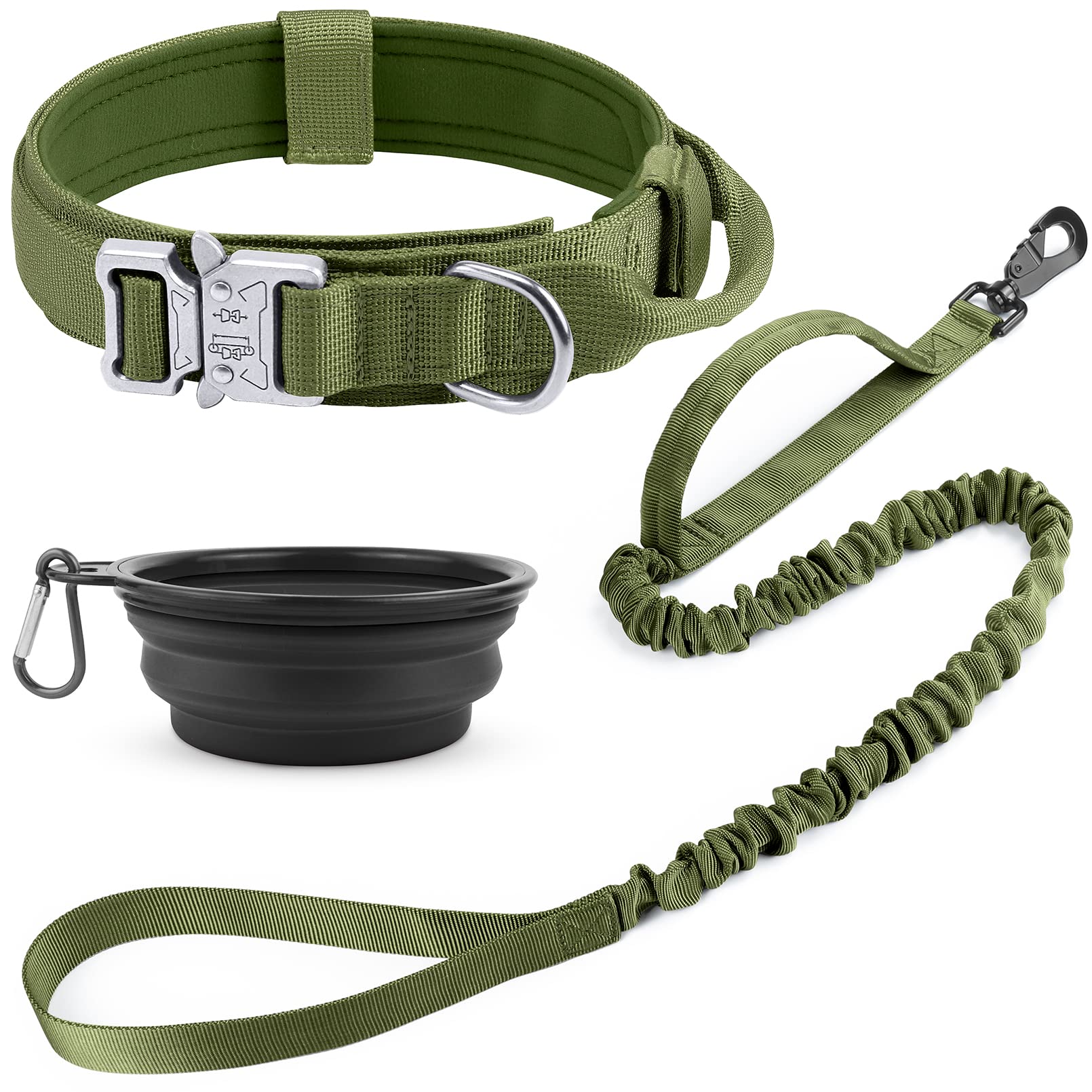Tactical Dog Collar and Bungee Dog Leash Set-Adjustable Military Training Nylon Dog Collar with Control Handle and Heavy Duty Metal Buckle for Medium and Large Dogs (Green XL)
