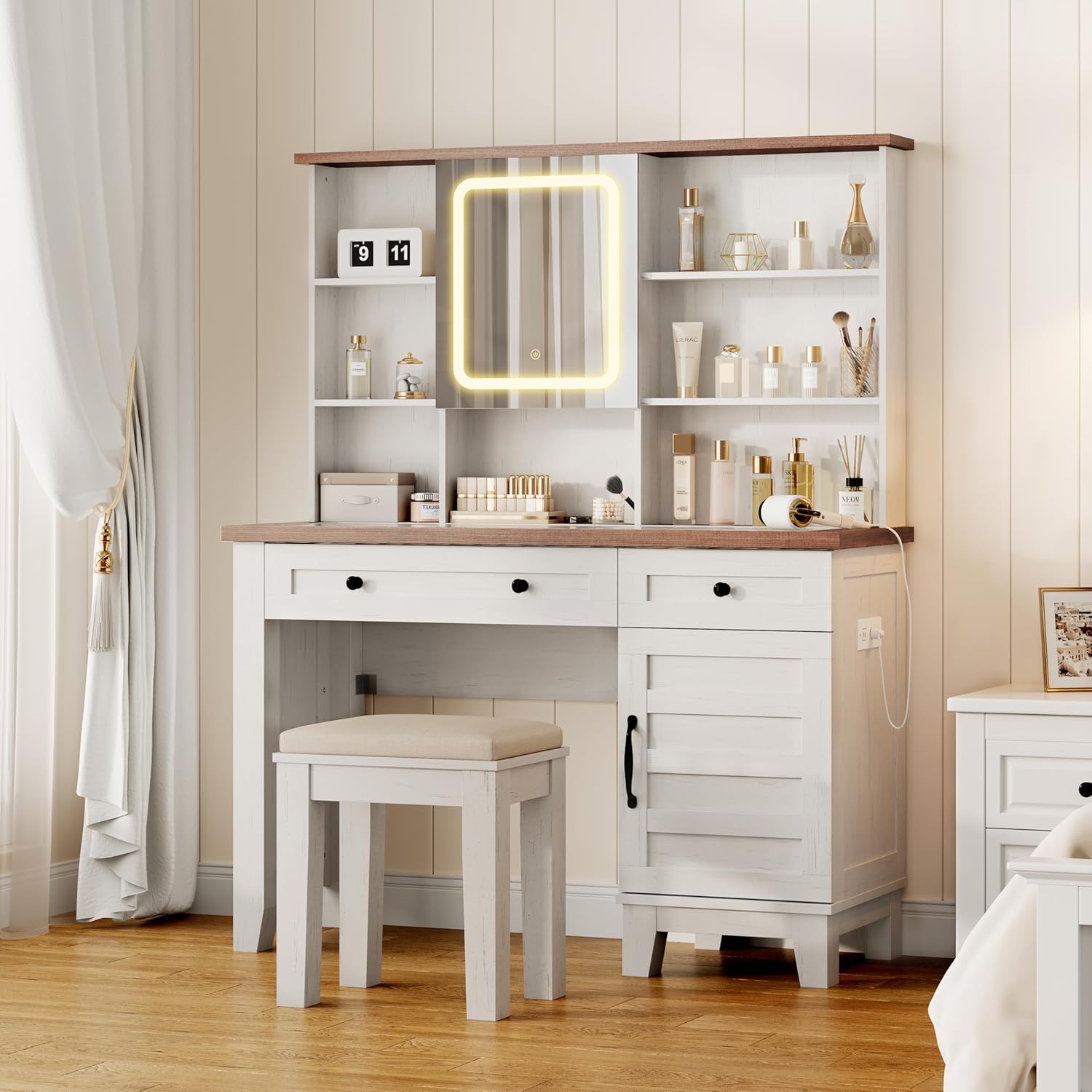GarveeHome Farmhouse Makeup Vanity Desk with Solid Wood Stool, Makeup Table with Mirror and Lights & Power Outlet, Makeup Table with 2 Drawers, Dressing Table with Glass Top for Bedroom, Brown+White