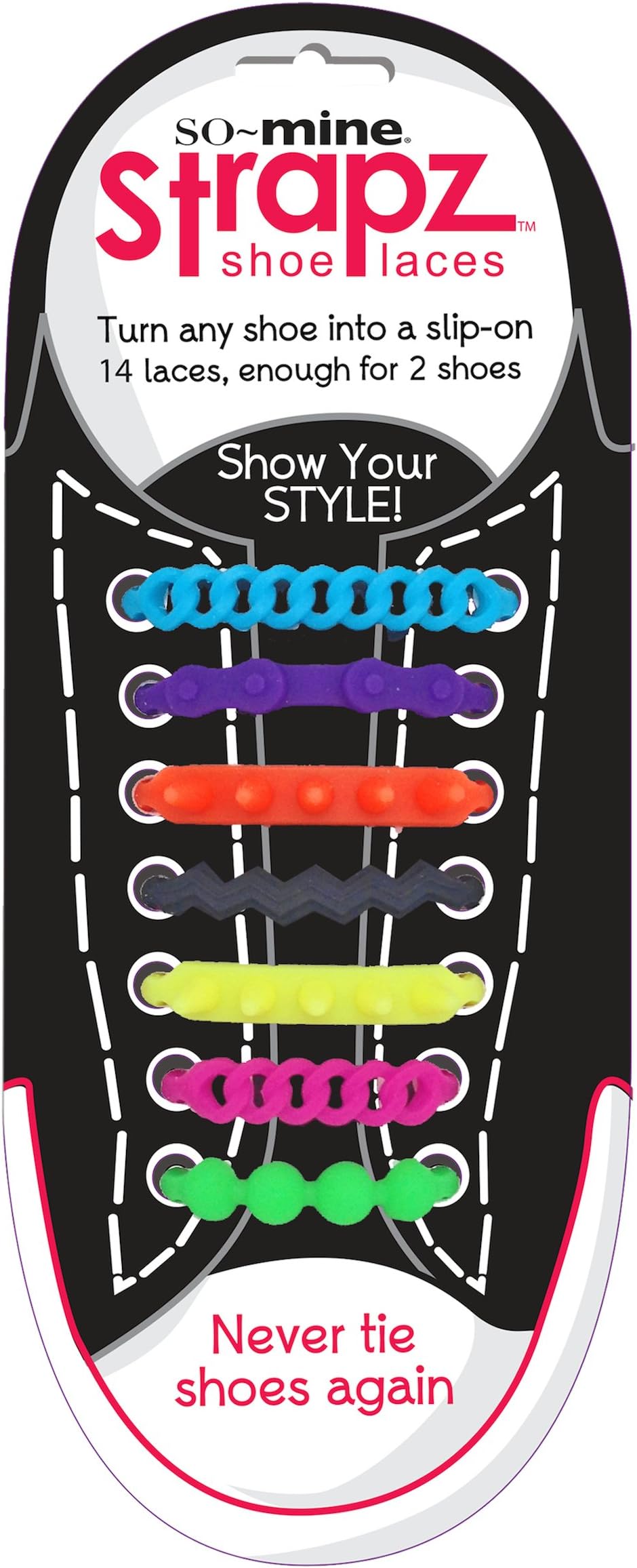 Strapz No-Tie Silicone Shoe Laces, 14 Laces per Pack, Funky Assortment (SO-0145)