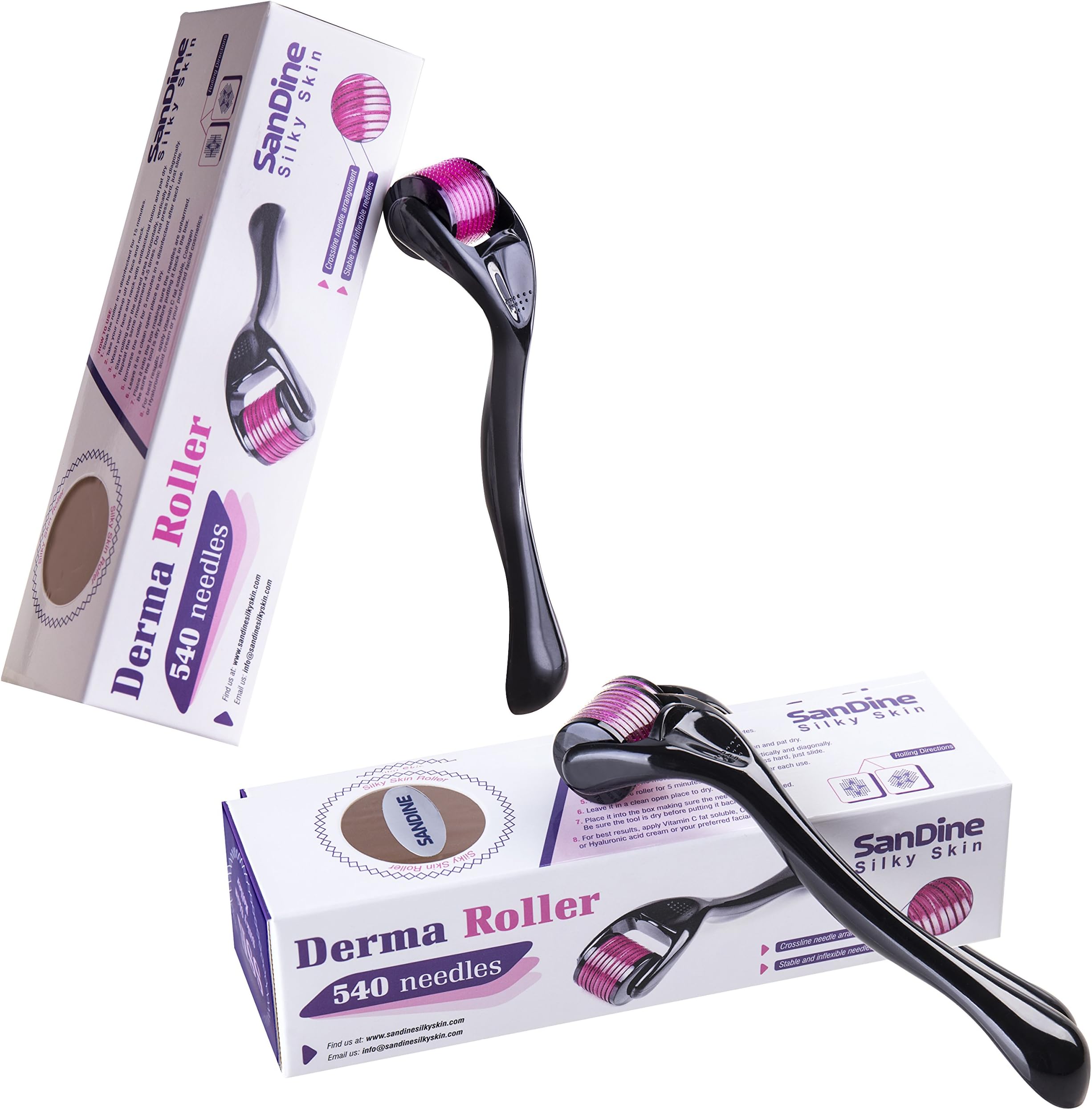 Dermal Rollers 2 Pack - 0.25mm and 0.3mm Titanium for Silky Smooth Beautiful Skin - 540 Micro Needle Skin Care System - Ideal to Keep Your Skin Young and Radiant - Includes FREE E-Book - By Sandine
