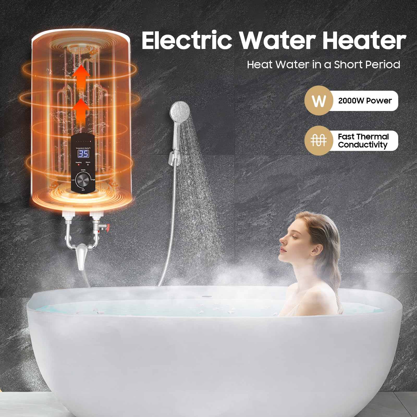 Scaldabagno elettrico ad accumulo | 2000 W elettrico istantaneo | Boiler ad acqua da parete con doccetta e tubi | Intervallo di controllo della temperatura: 25 – 75 °C | Capacità contenitore 30 – 70 L