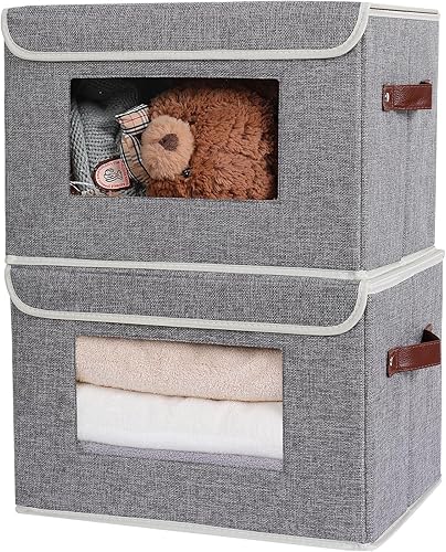 Miniatura 2 de ANMINY 2 contenedores de almacenamiento de tela con tapa, asas de piel sintética, ventana transparente, lavable, tablero de plástico PP, decorativo,