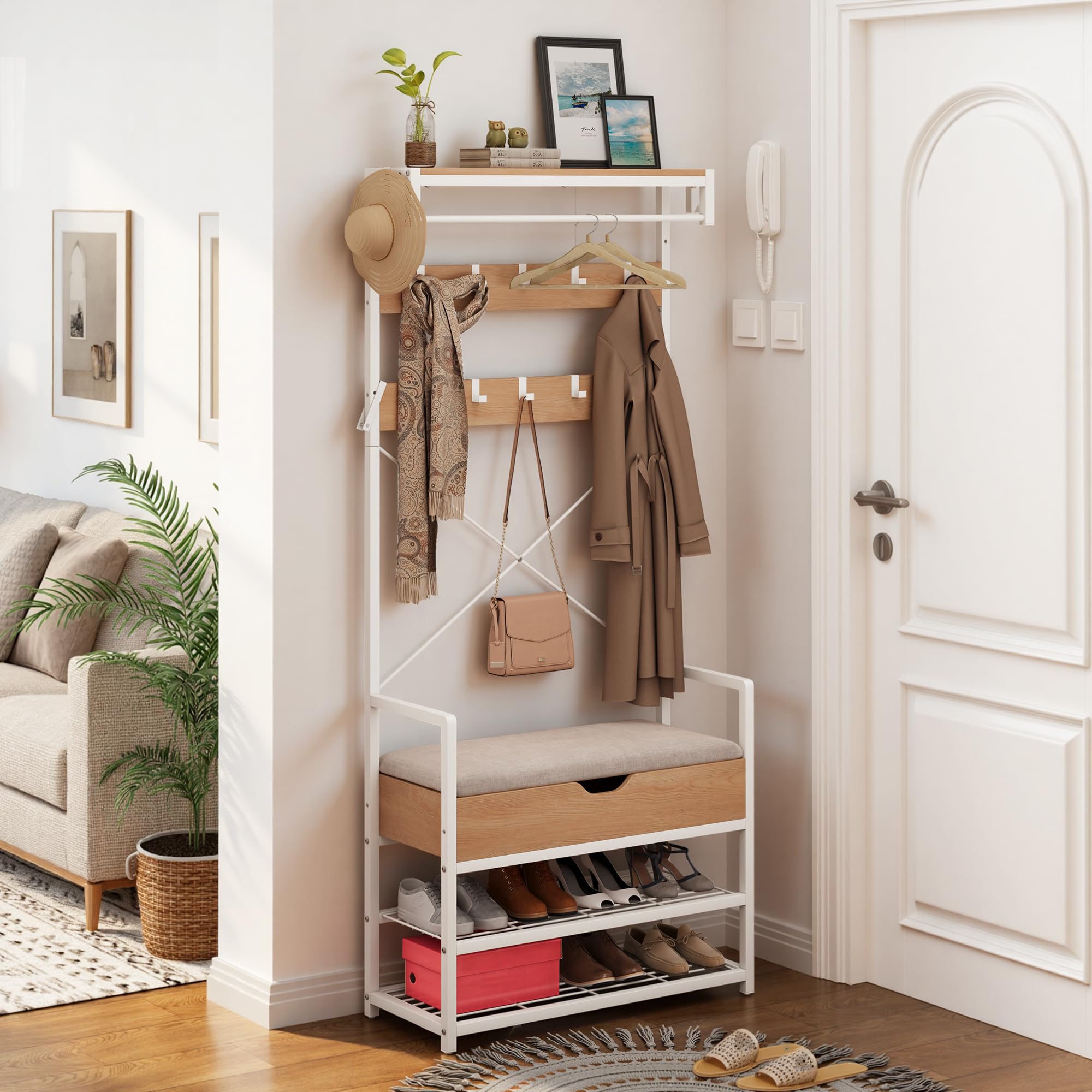 YITAHOME Garderobenständer mit Sitzbank, Garderobe mit Schuhregal, Modulares Kleiderständer Separat Verwendbar, Fach unter Sitzkissen, 10 Haken, Obere Ablage, für Flur, Schlafzimmer, Weiß
