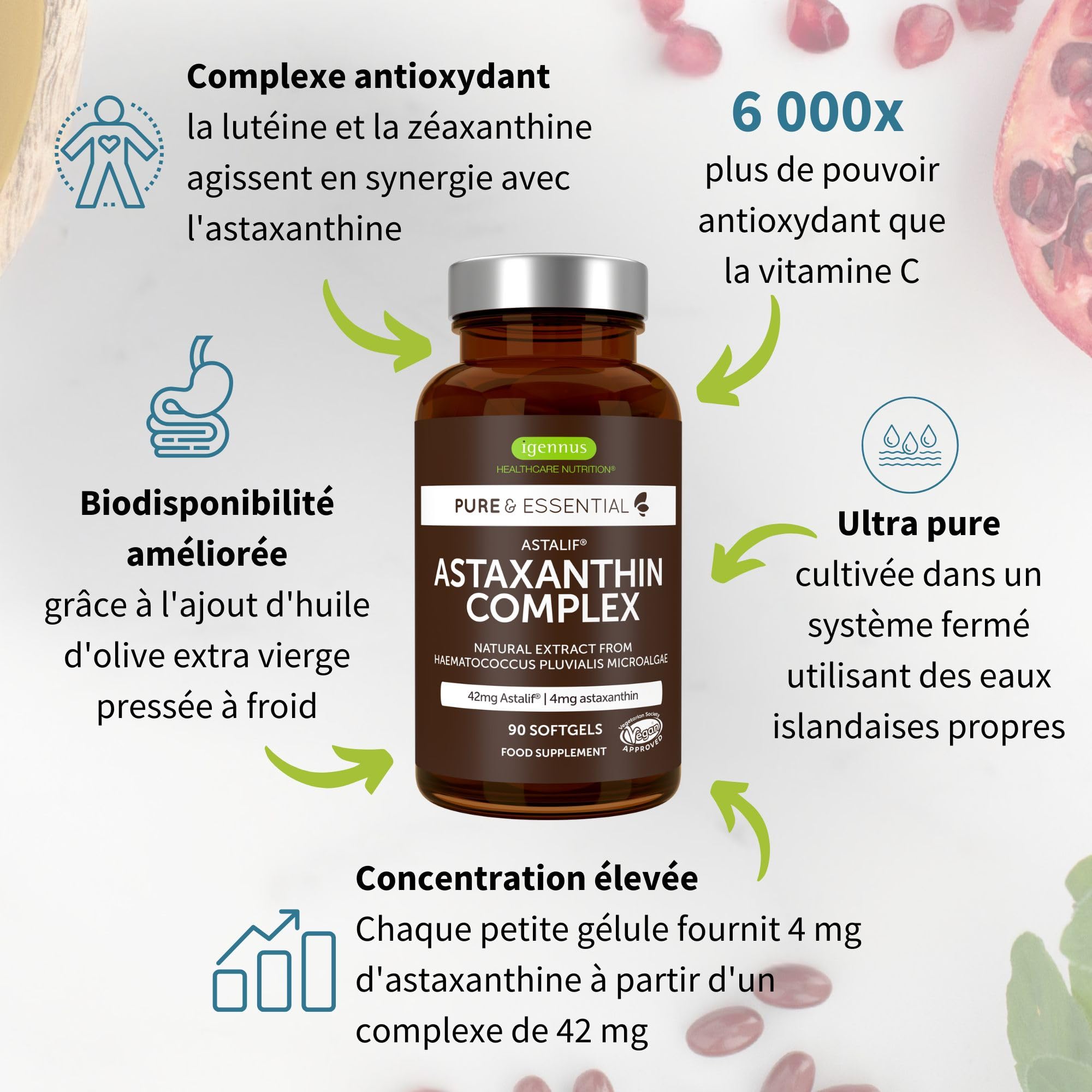 Astaxanthine Vegan, Complexe Antioxydant Naturel, 3 mois, 42mg provenant de algues ultra pures et durables, Lutéine et Zéaxanthine, 90 gélules – par Igennus