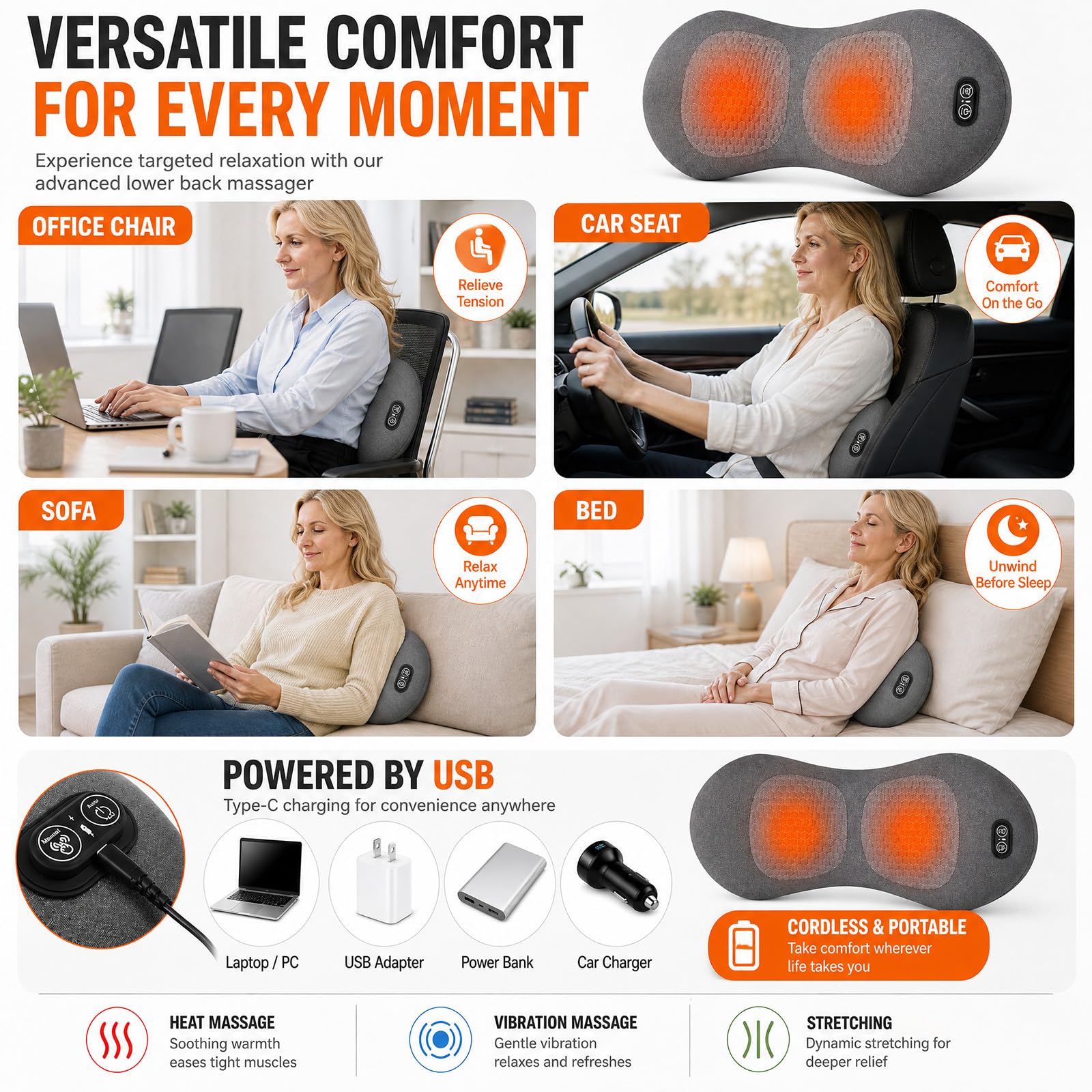 Cuscino elettrico di massaggio lombare 3 in 1, massaggiatore posteriore con massaggio di vibrazione