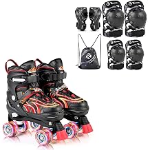 Kuxuan skates Kids Adjustable Size L Roller Skates with Protective Gear Set Size M - Knee Elbow Wrist Guards for Boys Girls, Indoor Outdoor Sports