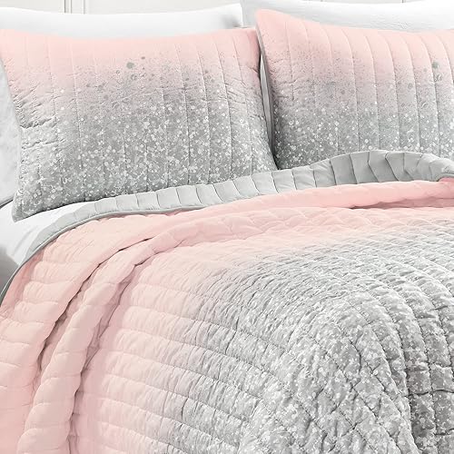 Miniatura 3 de Lush Decor Juego de edredón de 3 piezas con estampado metálico degradado con purpurina, matrimonialqueen, rubor y gris