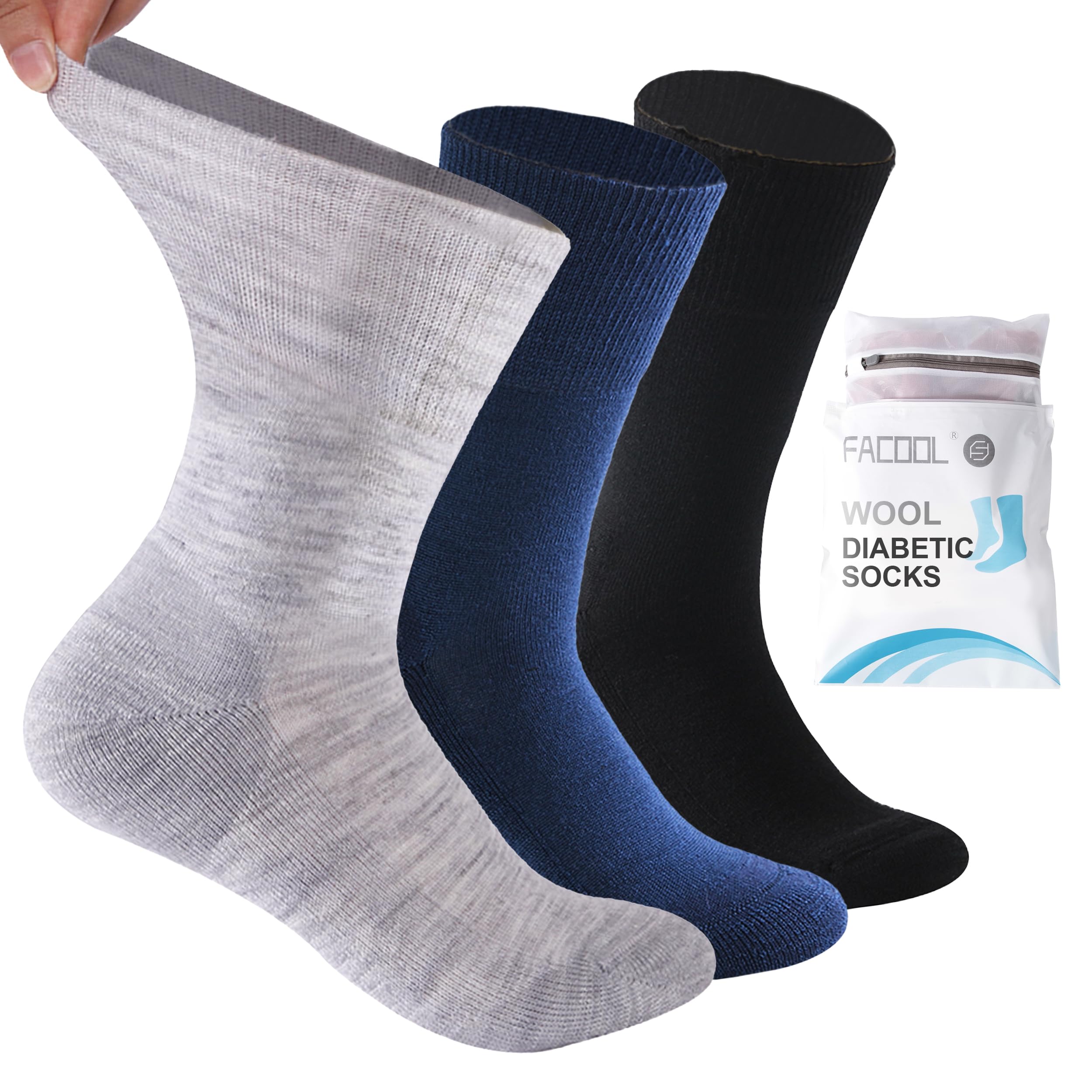 Facool Unisex 0Multicolor 1 Black,1 Light Grey, 1 Navy Blue Merino Wool Diabetic Socks, Light Diabete Non Binding Loose Top Neuropathy Crew Moisture Wicking Socks, 3 Pairs Multicolor (Black, Light Grey, Navy Blue), Us Women 10-13 / Us Men 9-12