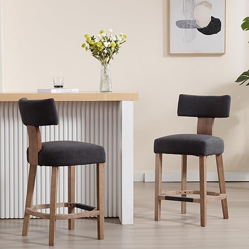Miniatura 11 de Juego de 2 taburetes de barra de 26 pulgadas de altura de mostrador, modernos taburetes de bar de cocina con respaldo y patas de madera maciza, Lino