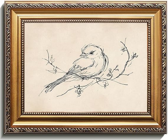 uniro Vintage Gold Framed Wall Art, Minimalist Bird Sketch Canvas Art Prints Painting, Antique Nature Line Drawing Wall Art Picture, Rustic Beige Decor Farmhouse Wall Decor for Bedroom, Gallary, Living Room, Office, Desktop - 9x12Inch