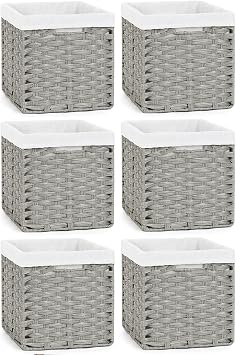 Bidtakay 6 Pack Wicker Cube Baskets with Liners Light Grey 11 inch Cube Storage Organizer for Shelves Closet