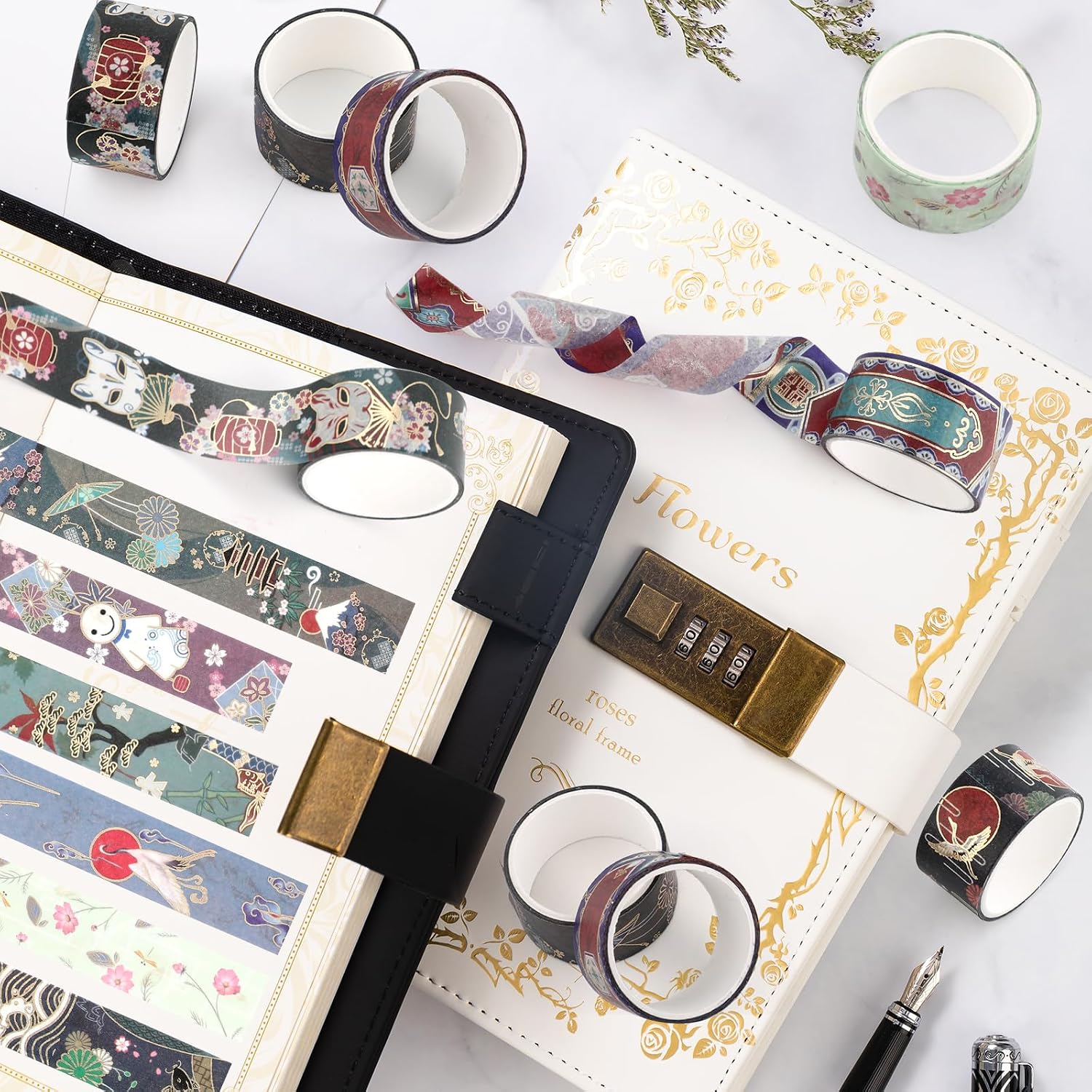 12 Rolls Vintage Gold Washi Tape Set, Gold Foil Cat Mask Pattern Decorative Tape,Japanese Arts Decorative Masking Tapes for DIY Scrapbook Design Journaling Handbook Making Card Wrap Craft Gift
