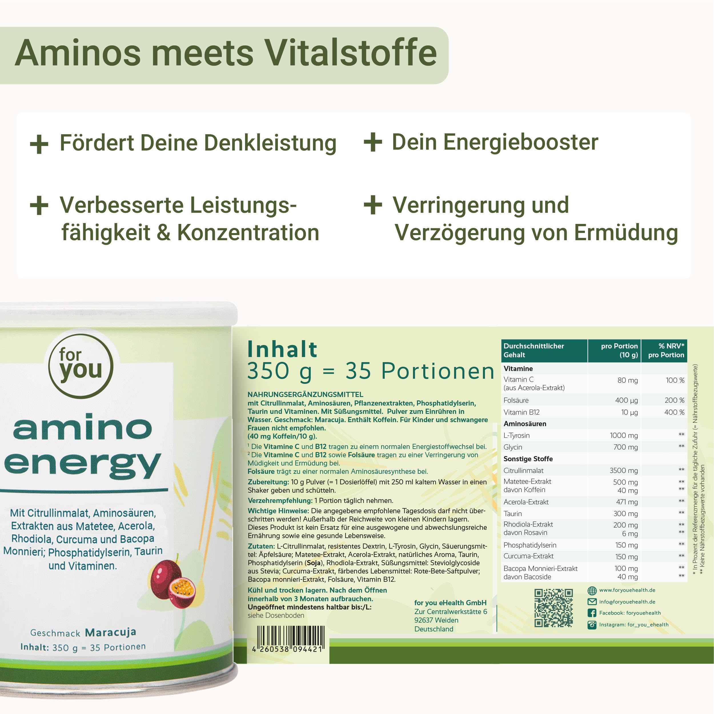 for you amino energy Maracuja - Pre-Workout-Booster - 350g Aminosäuren Pulver mit Citrullin Malat, Dextrin, L-Tyrosin, Taurin, Koffein aus Mate-Tee Extrakt - für mehr Energie Konzentration
