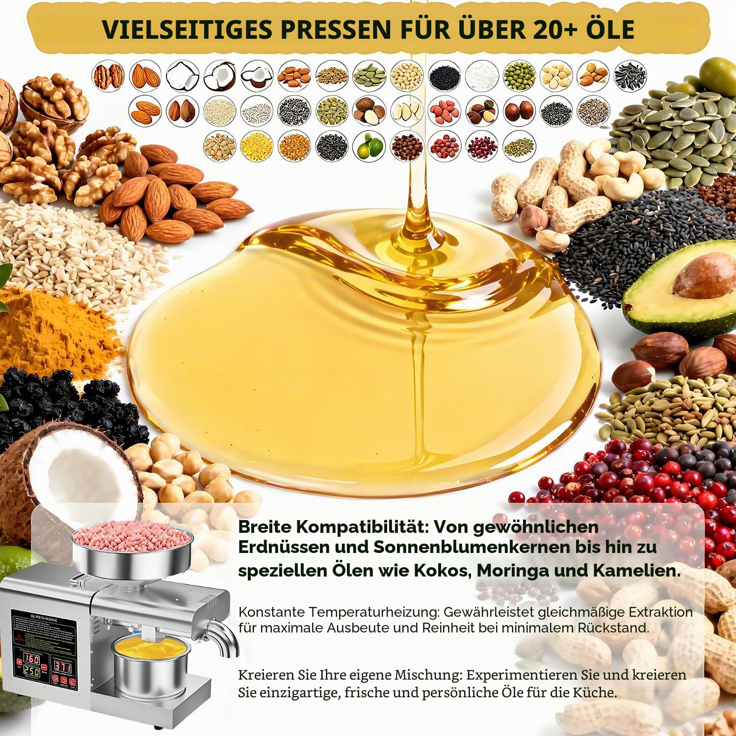 Automatische elektrische Edelstahl Ölpresse 1100W, 6L Trichter, Heiß- & Kaltpressung (40°C–260°C), Öl Pressmaschine für Walnüsse, Sesam & Sojabohnen – Haushalt & Gewerbe