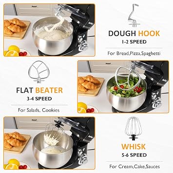 Stand Mixer with 6.5-QT Bowl: 400W Electric Kitchen Mixer with Dough Hook, Whisk & Beater, 3-in-1 Food Processor & Meat Grinder Attachment, For Baking, Bread, Pasta, Cookies