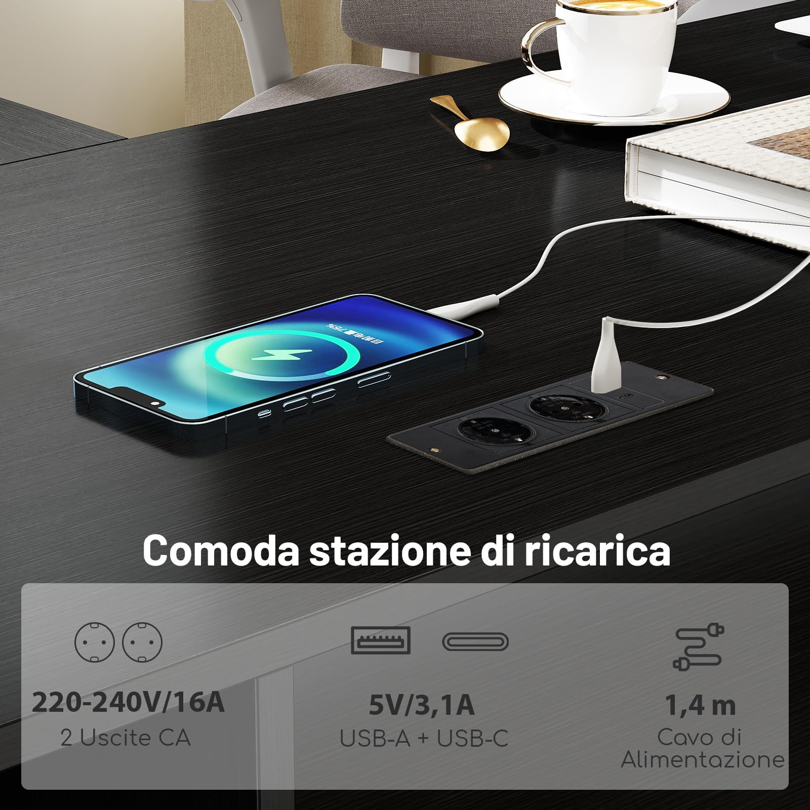 COSTWAY Scrivania Angolare con Prese di Corrente, Scrivania ad Angolo Moderna con 2 Cassetti, Armadio, Mensola Regolabile e Vassoio per Tastiera, Ideale per Gaming, Lavoro e Scrittura (Nero)