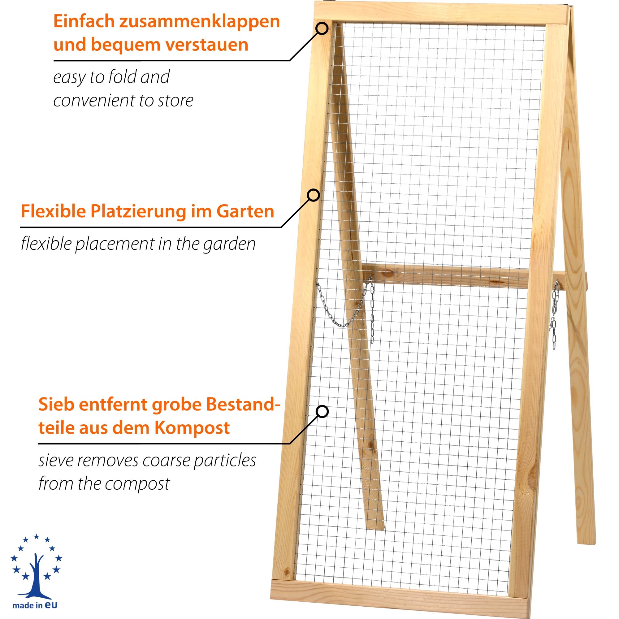 dobar® Green Label Kompostsieb stehend aus Douglasie - Durchwurfsieb mit Stahldraht 10 x 10 mm - Gartensieb für Kompost, Erde - 110 x 52 cm