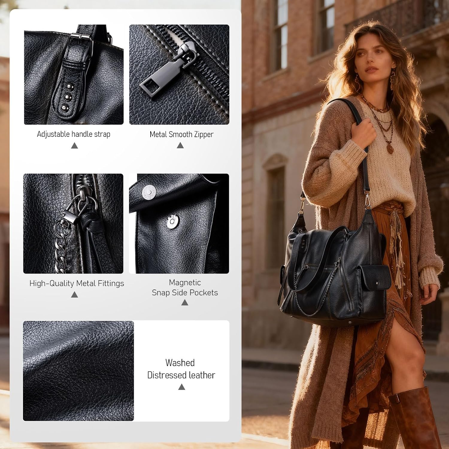 Vegan Leather Hobo Handbags with Adjustable Strap, City Tote Bag 27L Fall Purse for Women with Wallets and Laptop Compartment - Image 5