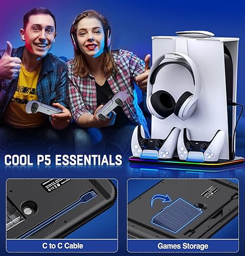 Miniatura 7 de DINOSTRIKE Estación de refrigeración PS5 con luz RGB soporte PS5 con ventilador de refrigeración para disco PS5 y ediciones digitales estación de