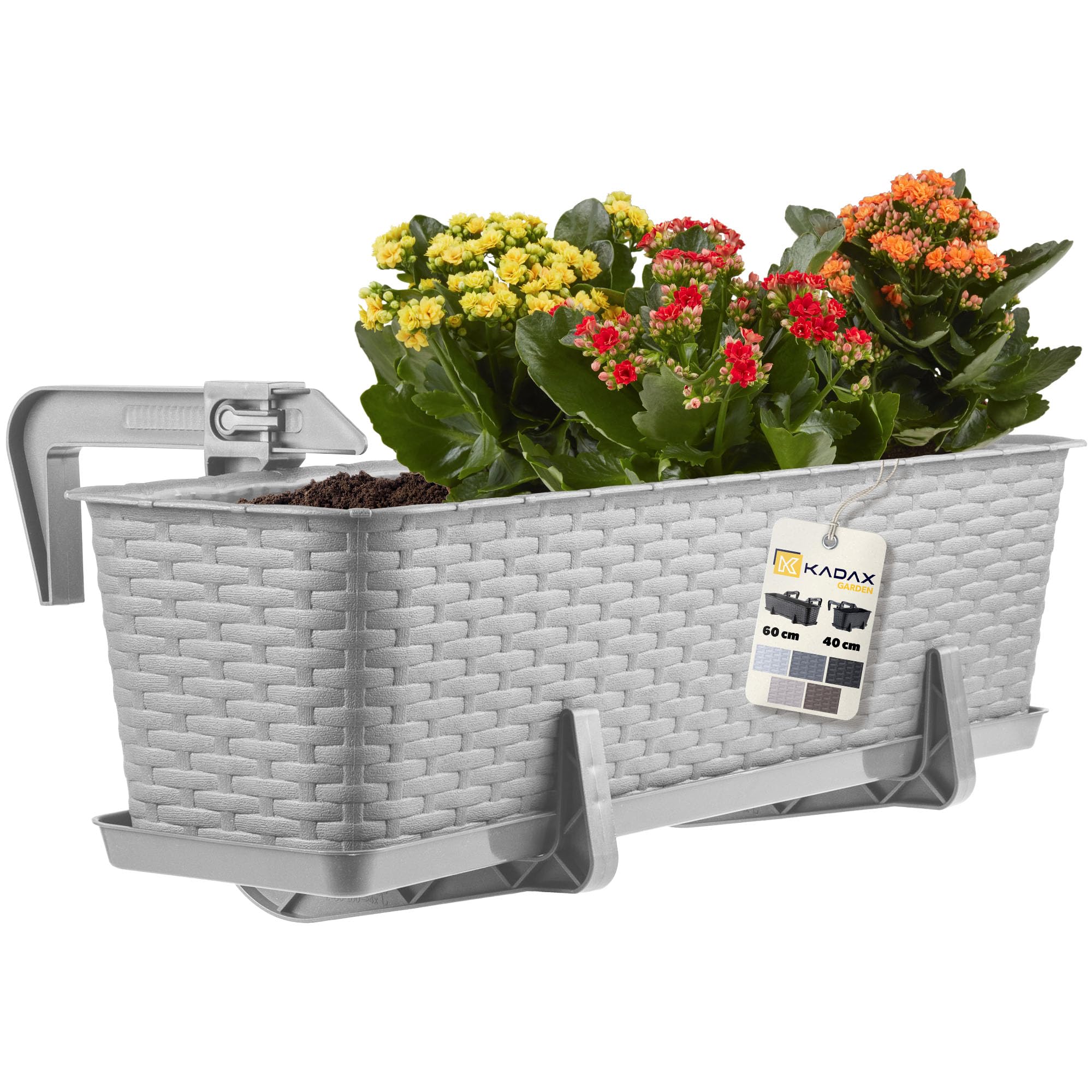 KADAX Jardinière Suspendue Extérieure 60 cm, Balconnière en Plastique Aspect Rotin avec Supports de Fixation Intégrés et Soucoupe (Gris)