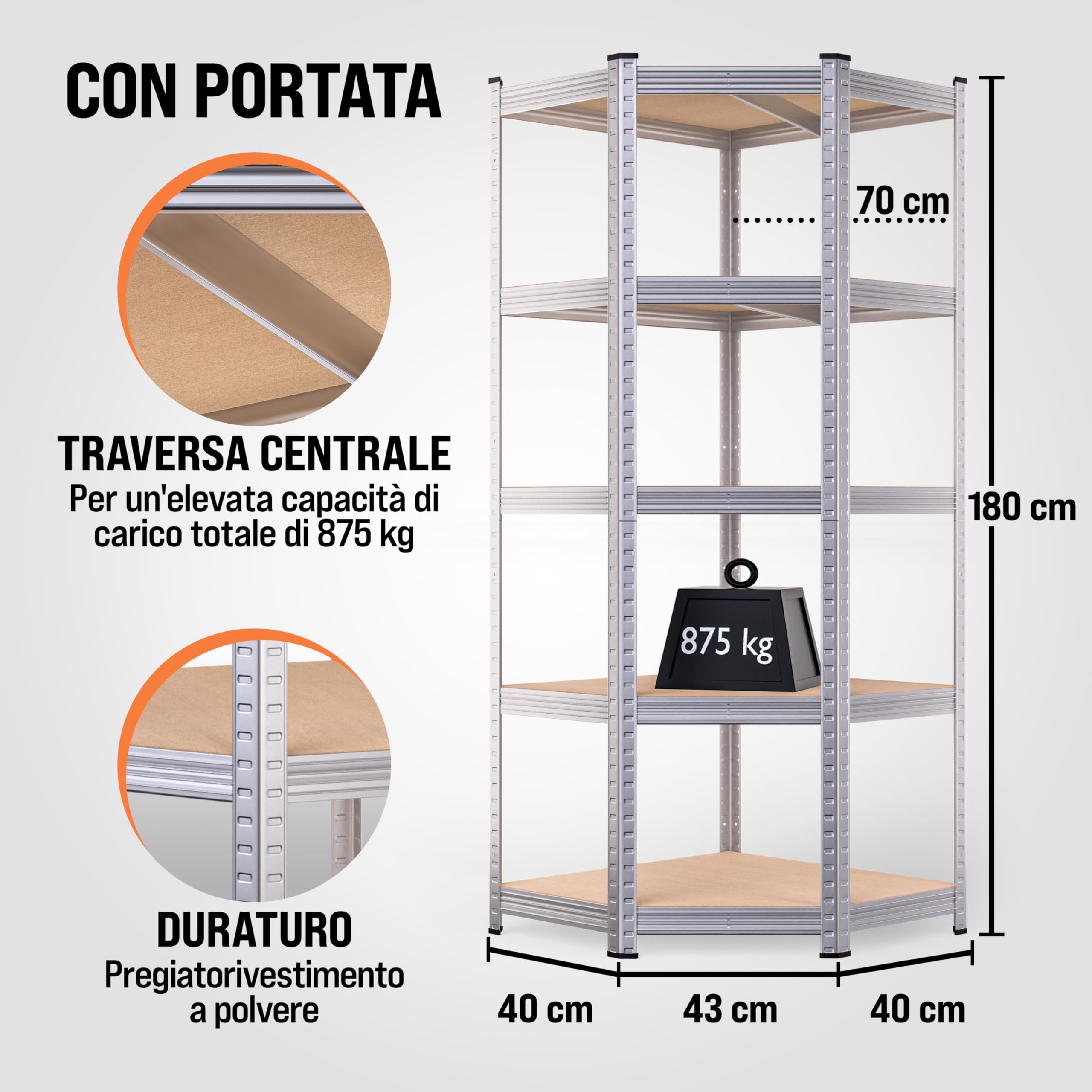 Monzana® Scaffale Metallo Angolare Garage 180x70x40 875kg 5 Riapiani Scaffali Cantina Scaffalatura Angolare Scaffale Salvaspazio Mobile Metallo