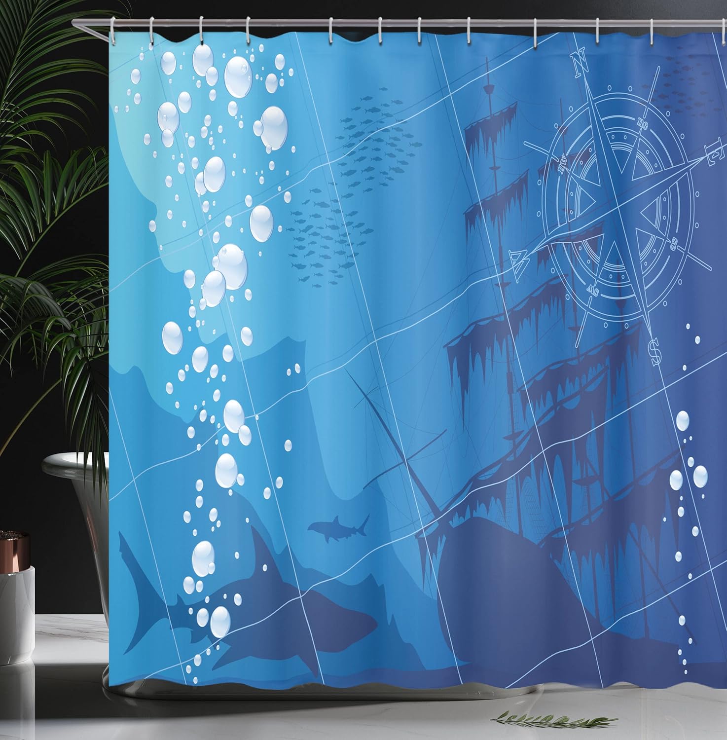 Ambesonne Nautical Shower Curtain, Underwater Sharks Old Ship Compass Windrose Deep Water Bubbles Illustration, Cloth Fabric Bathroom Decor Set with Hooks, 69" W x 84" L, Sea Blue Soft Blue