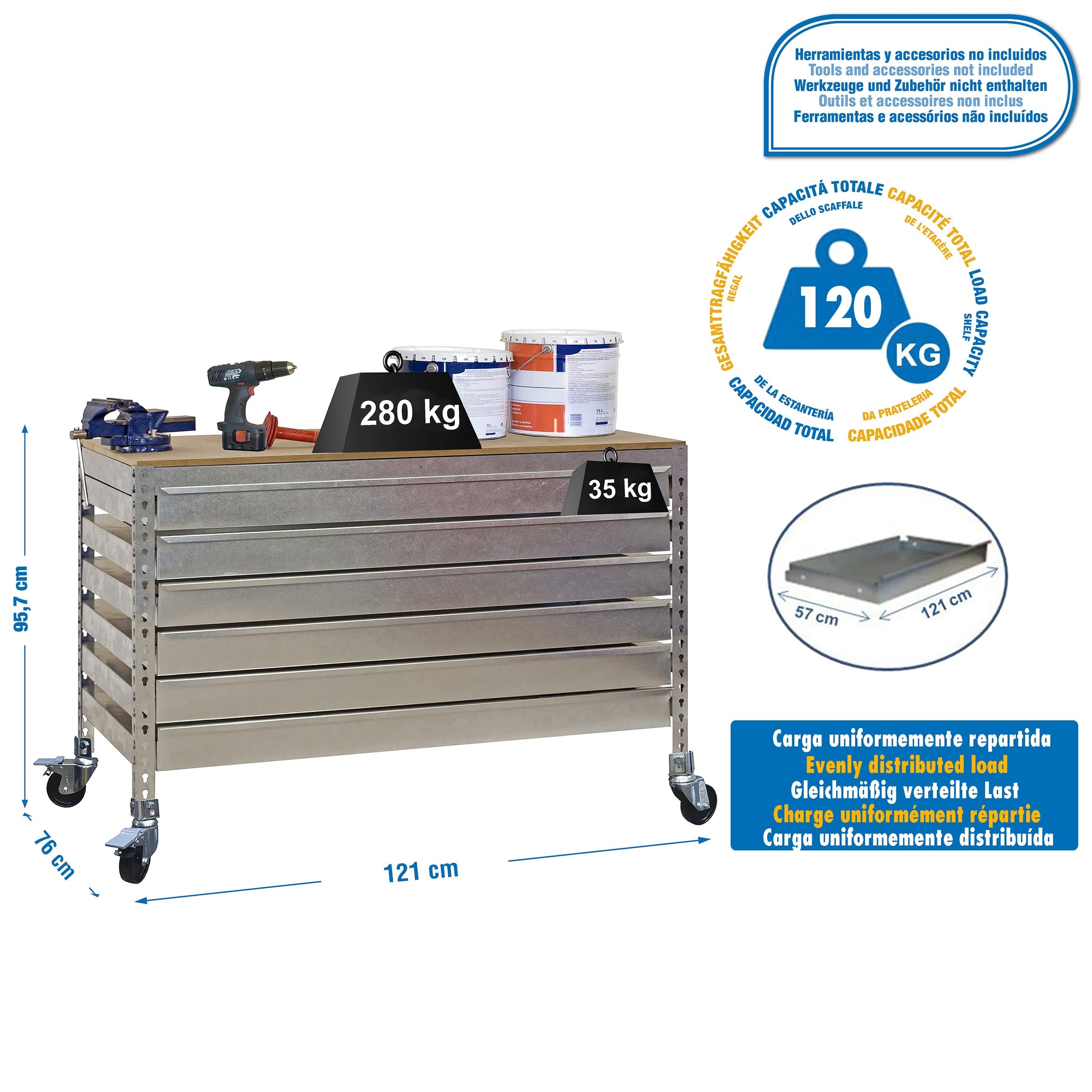 Simon Rack Banco de Trabajo Taller con Ruedas 1210x760 mm - BT5 | 6 Cajones, Tablero madera 16 mm, Capacidad Carga 120 kg, Galva , Pintura anticorrosión, Montaje sistema clic